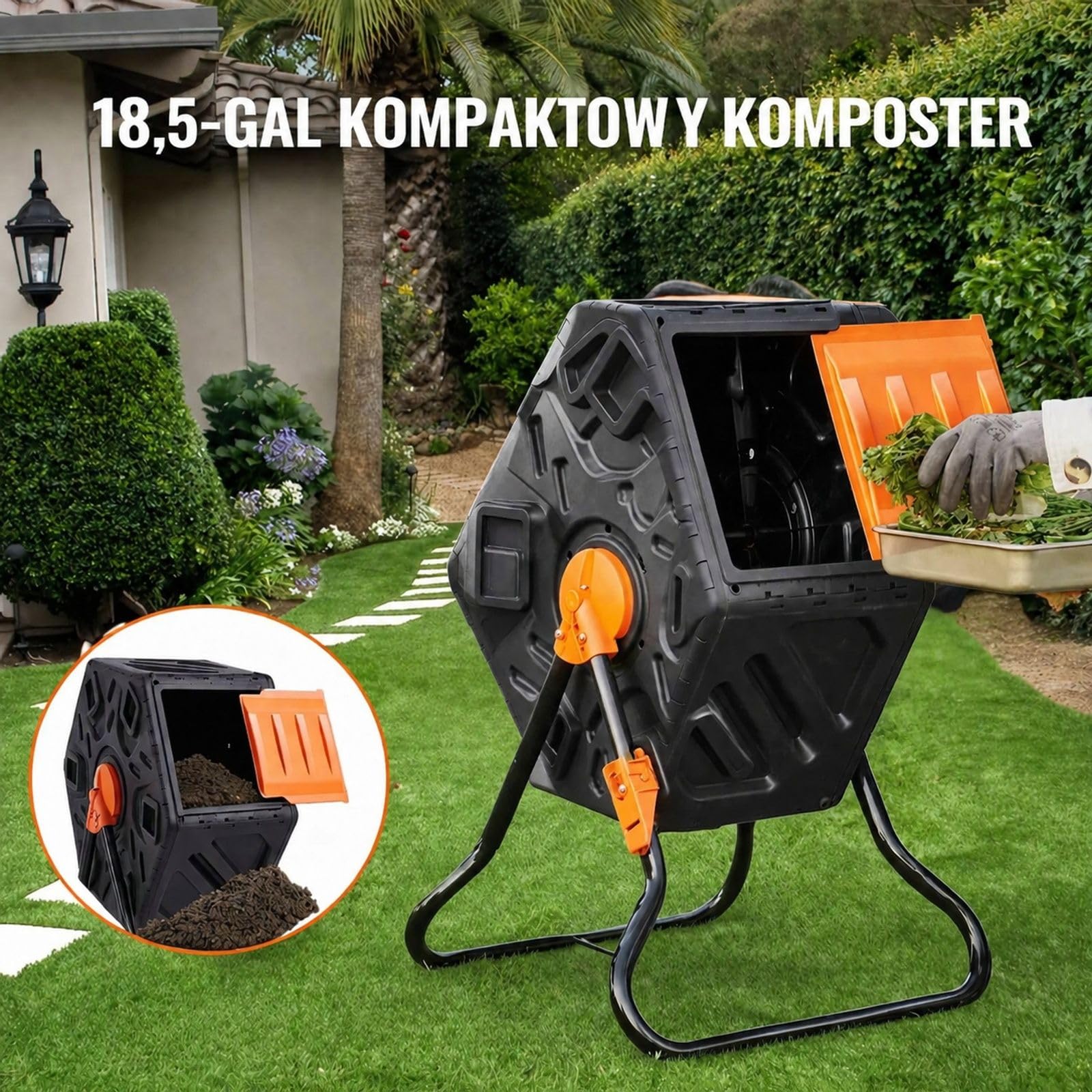 Obrotowy kompostownik ogrodowy 70 l z bębnem obracanym o 360°, konstrukcja z PP i Q235B, w zestawie rękawice