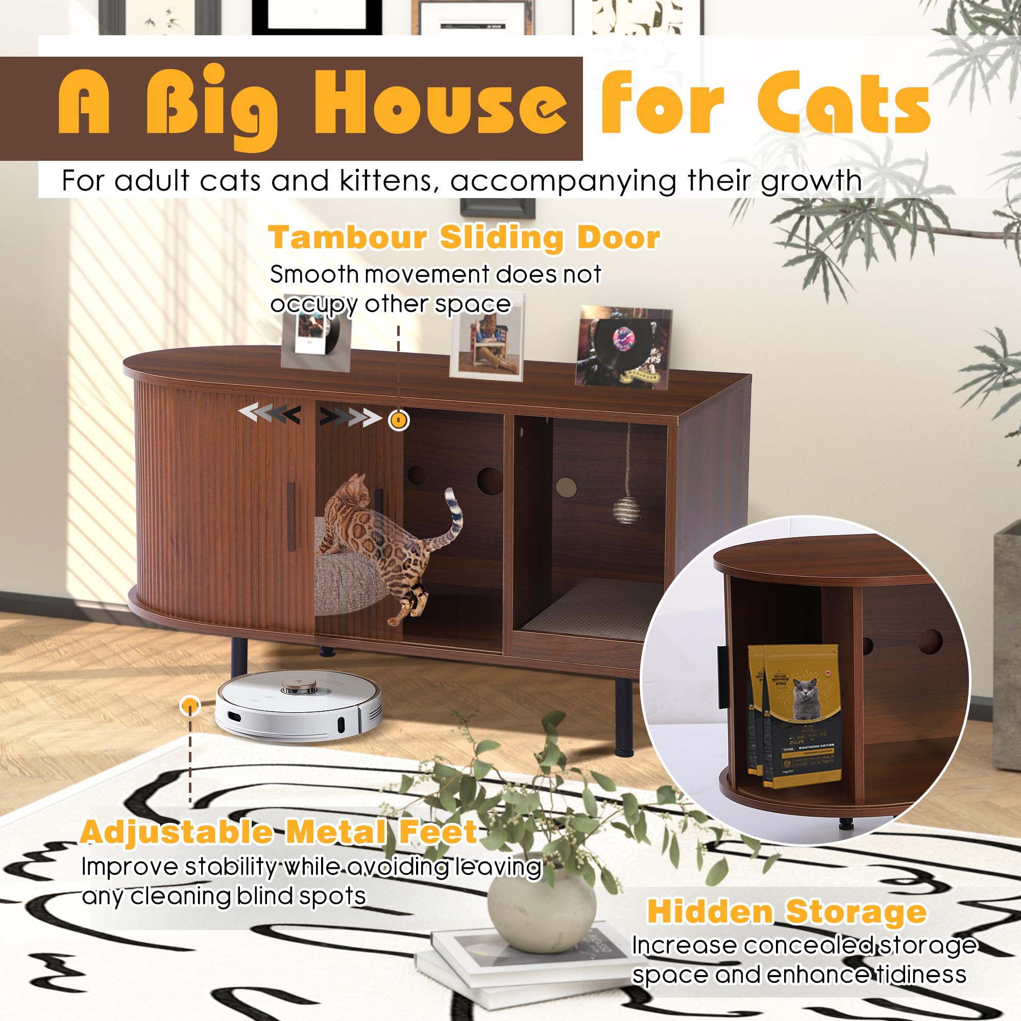 Cat Litter Box Enclosure, 37.4" Wooden Cat Washroom Furniture with Sliding Door, Fluted Hidden Litter Box Furniture with Scratch Pad and Sisal Ball, End Table TV Stand for Living Room (Brown) - image 7