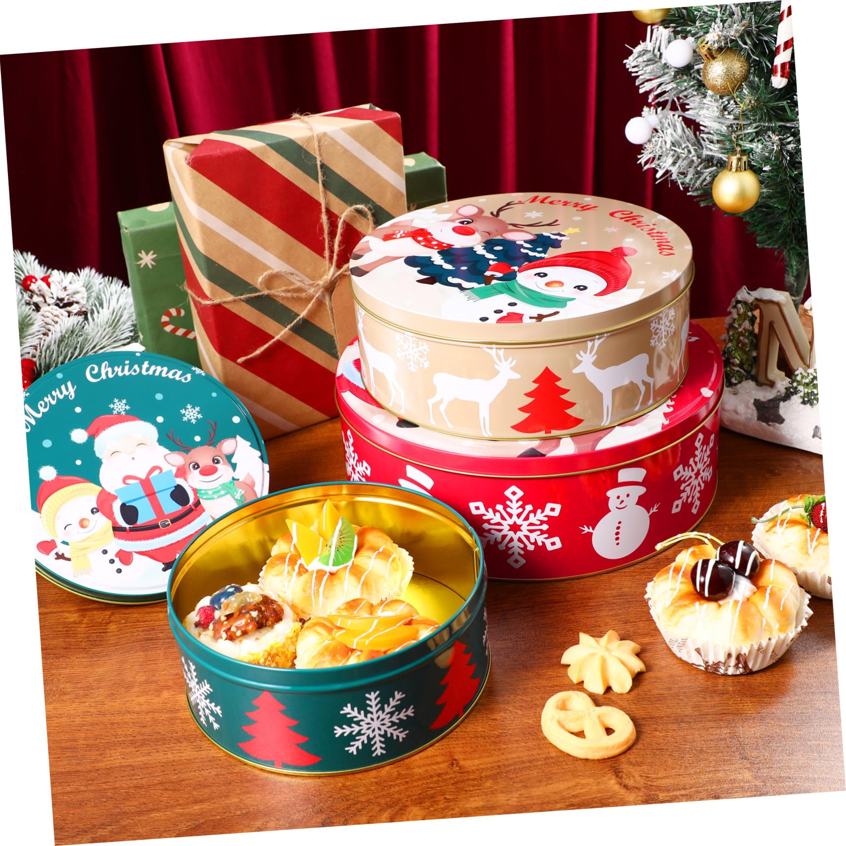 HANABASS Boîte à Biscuits de Noël Ronde avec Couvercle – Conservation Hermétique pour Bonbons, Friandises Et Cadeaux Faits Maison | Articles Et Décorations de Fête Noël 25,0 x 25,0 x 10,0 cm