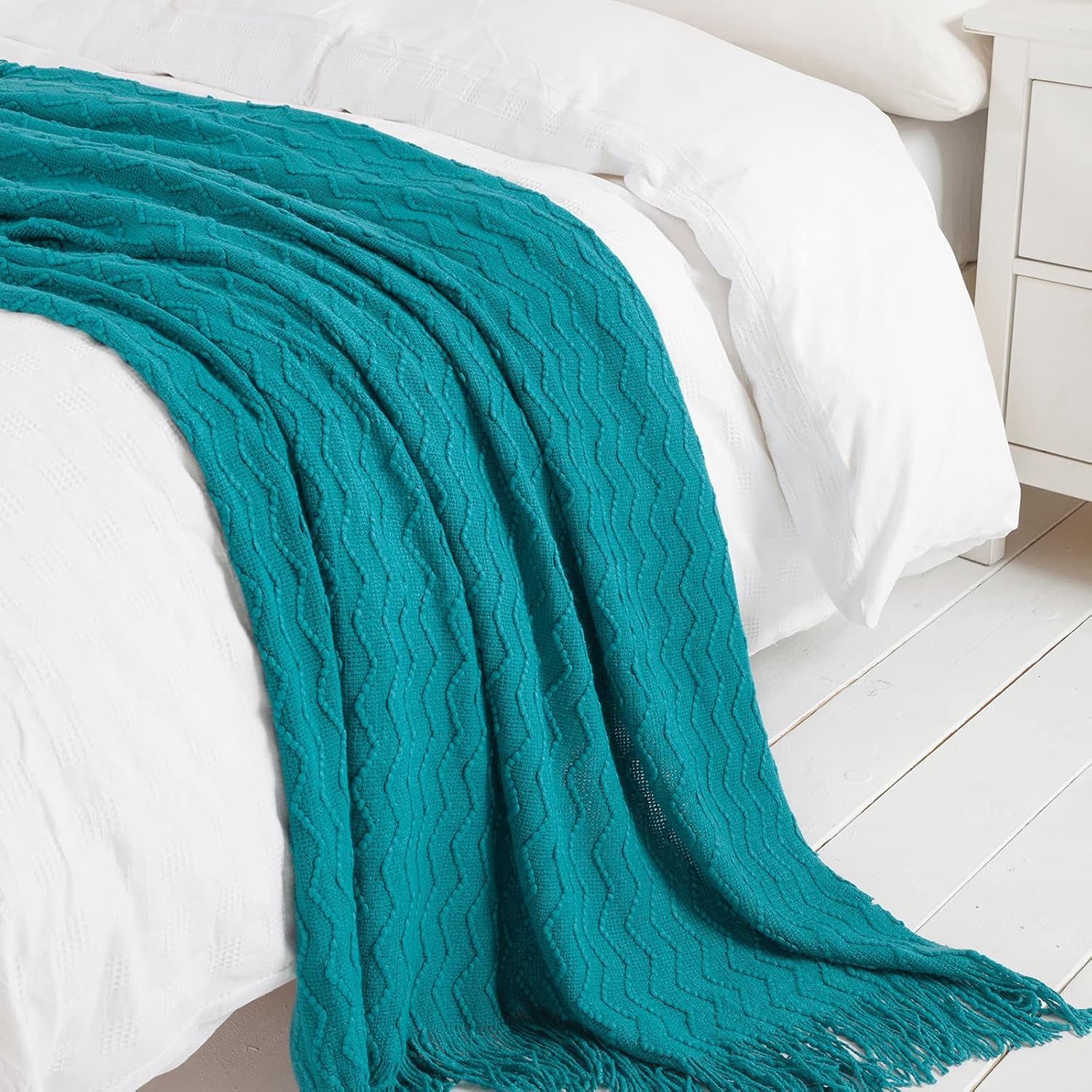 BOURINAThrow Blanket Textured Solid Soft Sofa Couch Decorative Knitted Blanket, 50" x 60" Teal : Home & Kitchen