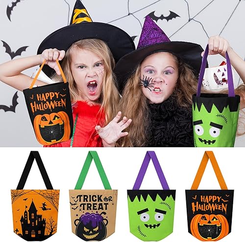 Miniatura 5 de 4 bolsas de Halloween para trucos o tratos, plegable, de lona, para caramelos, calabaza, murciélago, cubo de golosinas, cubo de golosinas