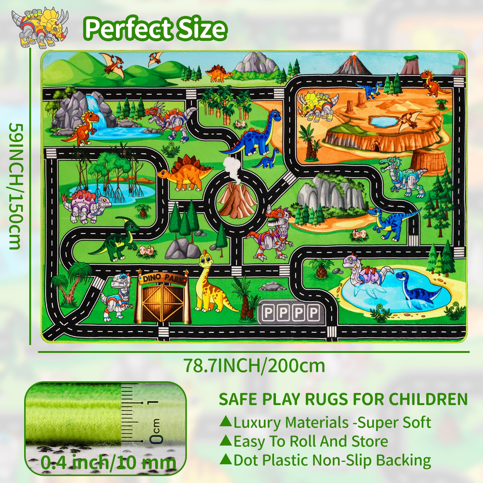 DINSUMRUG Kids Rugs for Playroom 200×150CM Dinosaur Car Play Mat Robot Dinosaur Park Road Educational Dino Road Rug for Toy Car Jurassic Themed Play Carpet for Kids Toddlers - Image 2