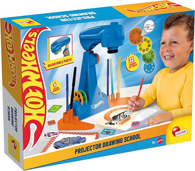 Lisciani - Hot Wheels Escuela de Dibujo con proyector - Juguete Educativo de Dibujo para niños a Partir de 5 años - Kit de Dibujo Creativo con LED - Actividad sin Pantalla