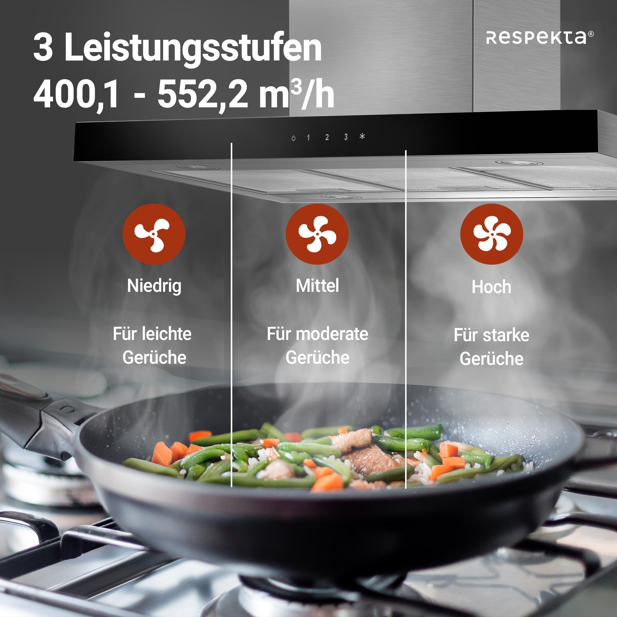 Respekta Dunstabzugshaube Inselhaube 90 cm Edelstahl Glasschirm Schwarz Abluft Umluft 58-73 dB