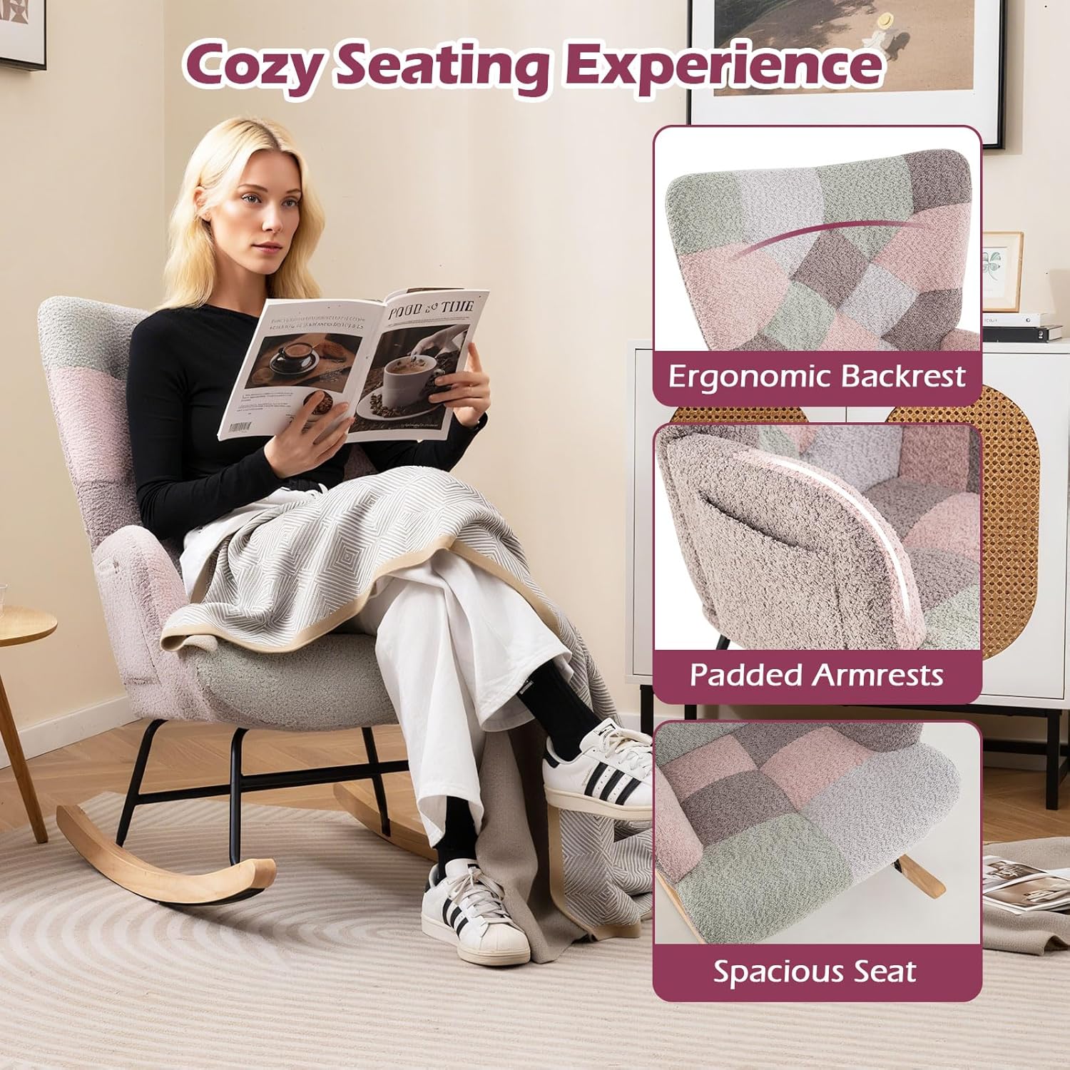 Giantex Nursery Rocking Chair Set of 2, Boucle Upholstered Glider Rocker Accent Chair w/Ergonomic High Backrest, Rubber Wood Legs & Side Pocket, Modern Armchair for Living Room, Bedroom, Spliced Pink