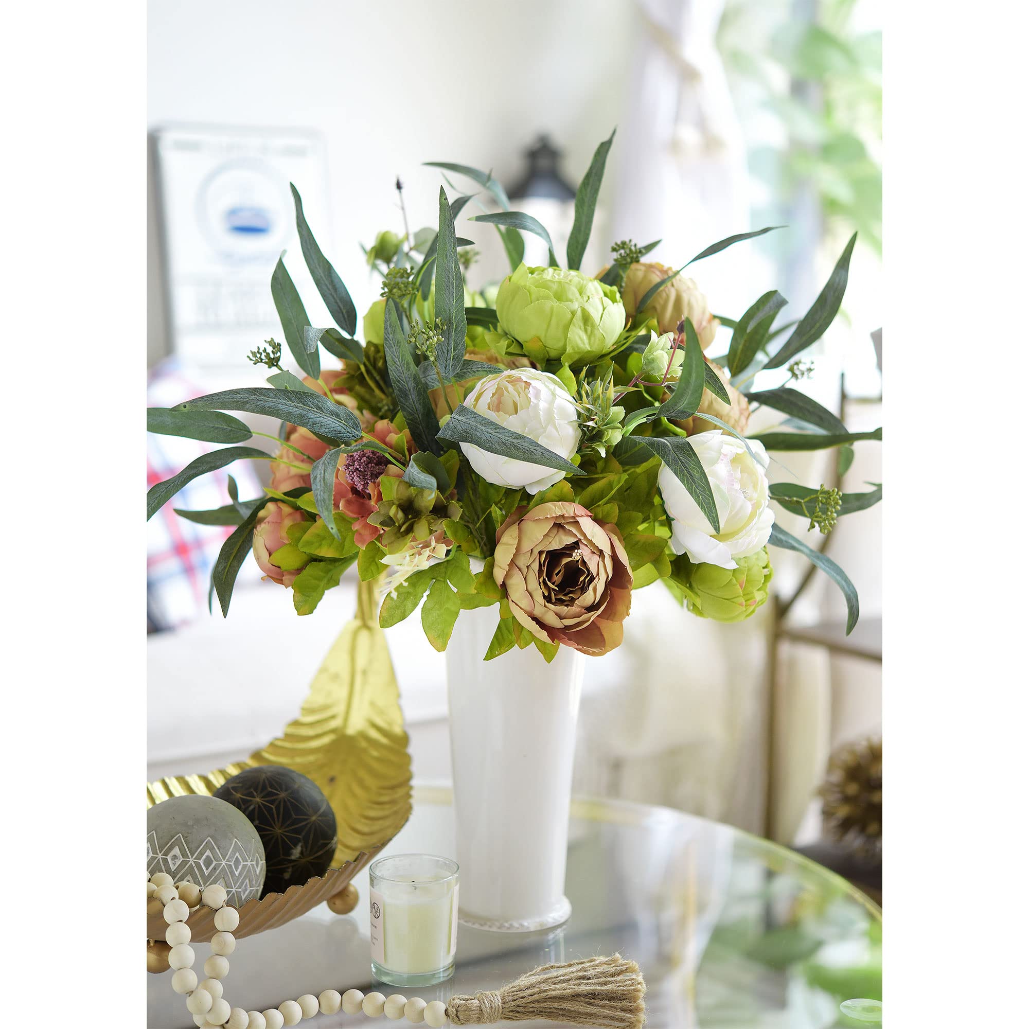 FiveSeasonStuff 2 Blumenstrauß aus Pfingstrosen, Seide, künstliche Blumen und Hortensien, perfekt für Hochzeit, Braut, Party, Zuhause, Bürodekoration (rustikales Braun, Beige und Grün, 2 Bündel))