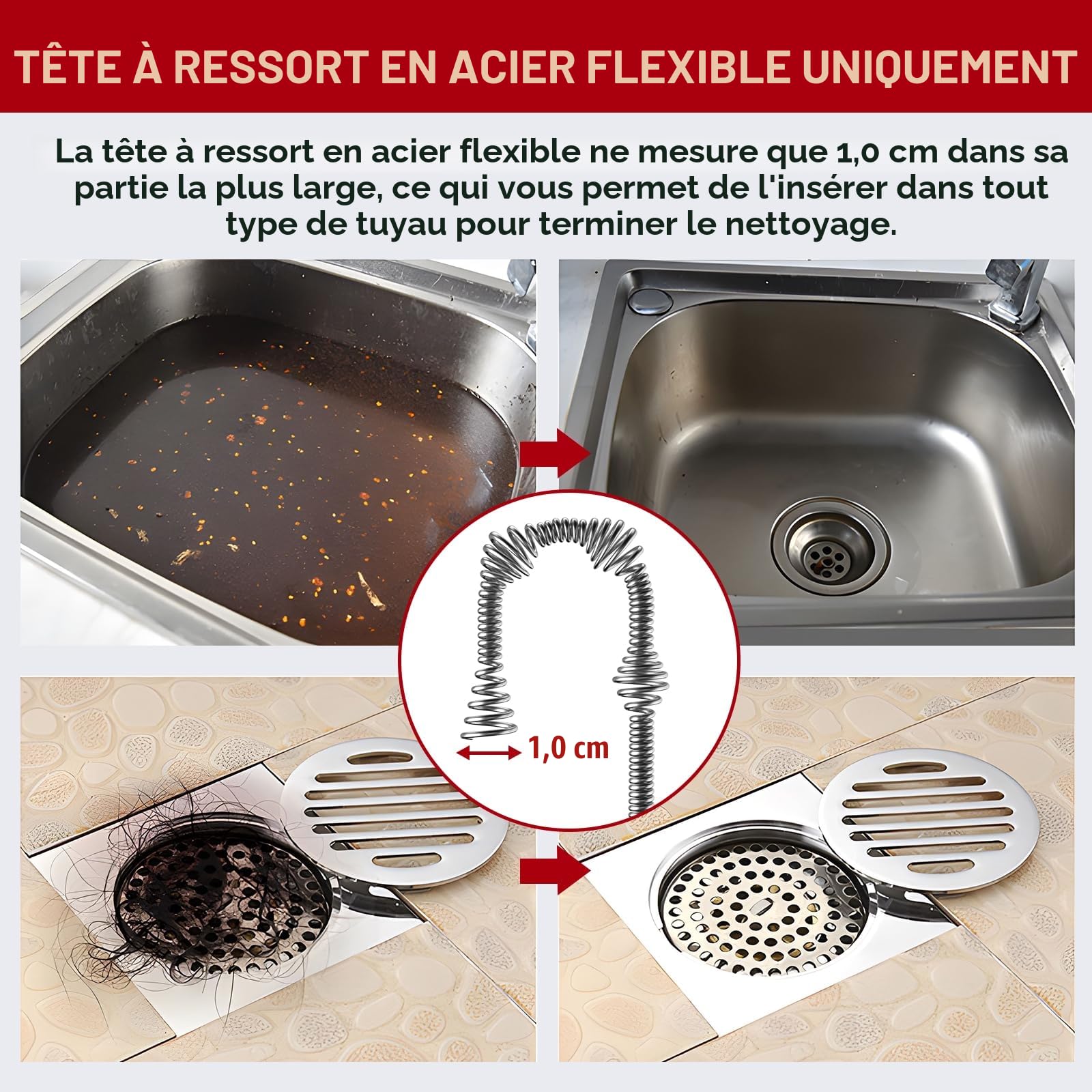 Furet déboucheur Stable - Spirale Nettoyage Tuyau 10 m, Tambour Métal & Embout de Percage
