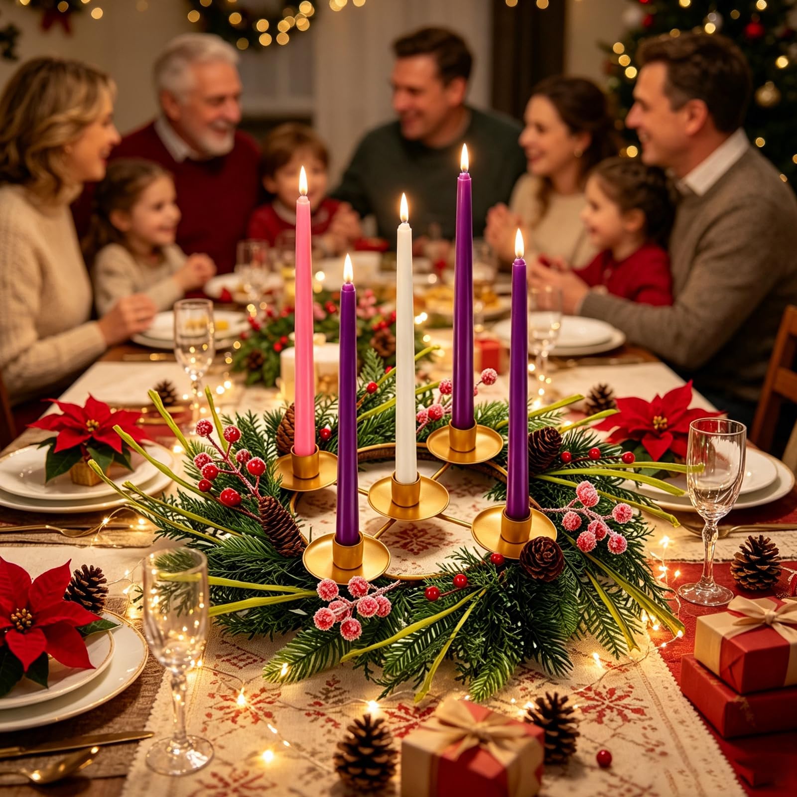 Lot de 6 couronnes de l'Avent de Noël avec 5 bougies artificielles sans