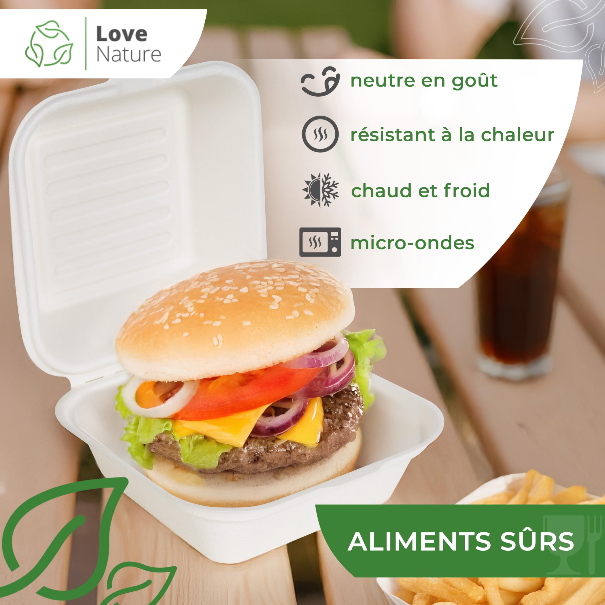 Love Nature Boite Burger 50 pièces - Boite Jetable Écologique pour Hamburgers - Vaisselle Jetable Canne à Sucre - Boîtes à Menu Jetable