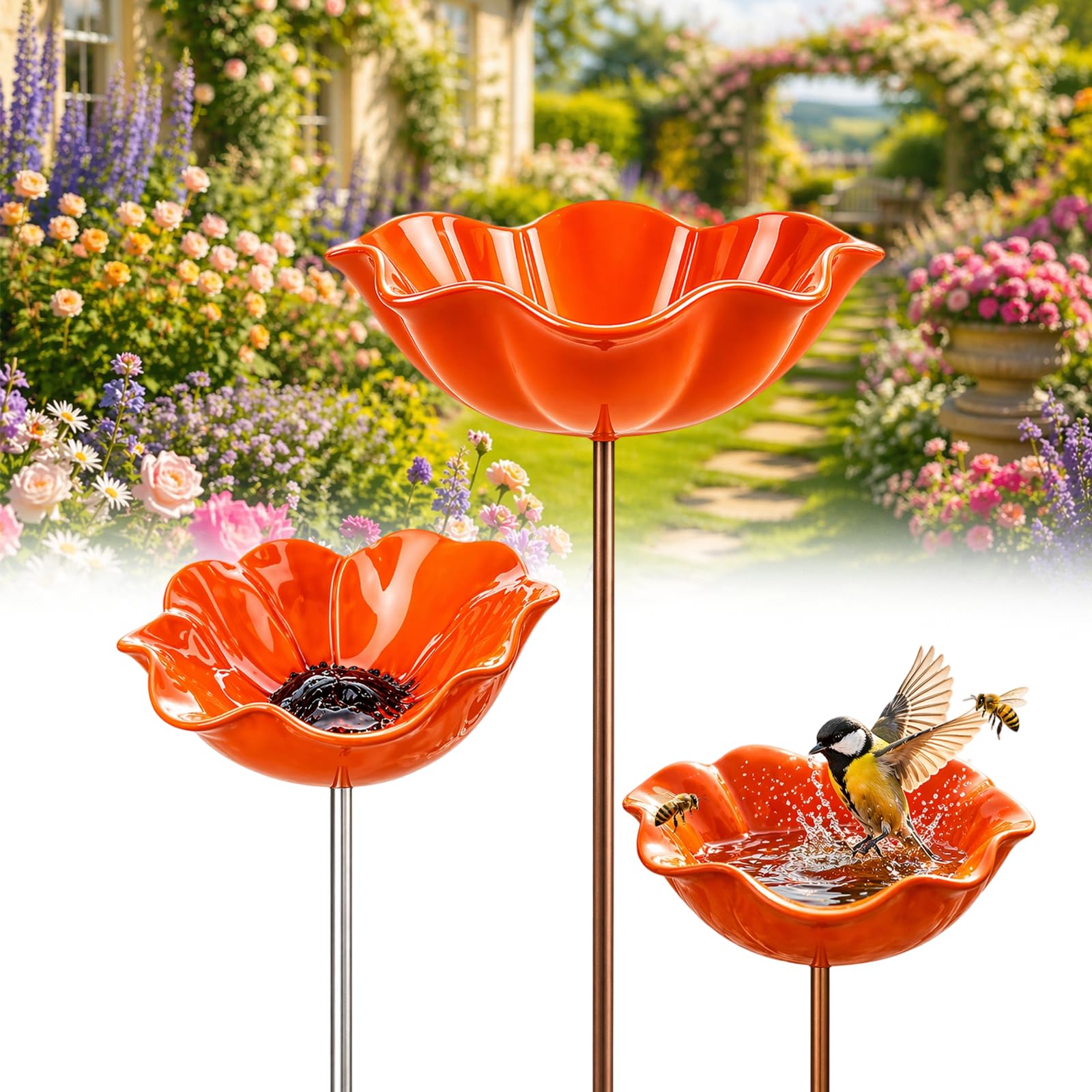 Handmade Metal Flower Garden Stake Bird Bath Bowl - Weather-Resistant Bee Watering Station & Flower Bird Feeder, Decorative Outdoor Metal Flowers for Yard Lawn Patio Decor (Orange)