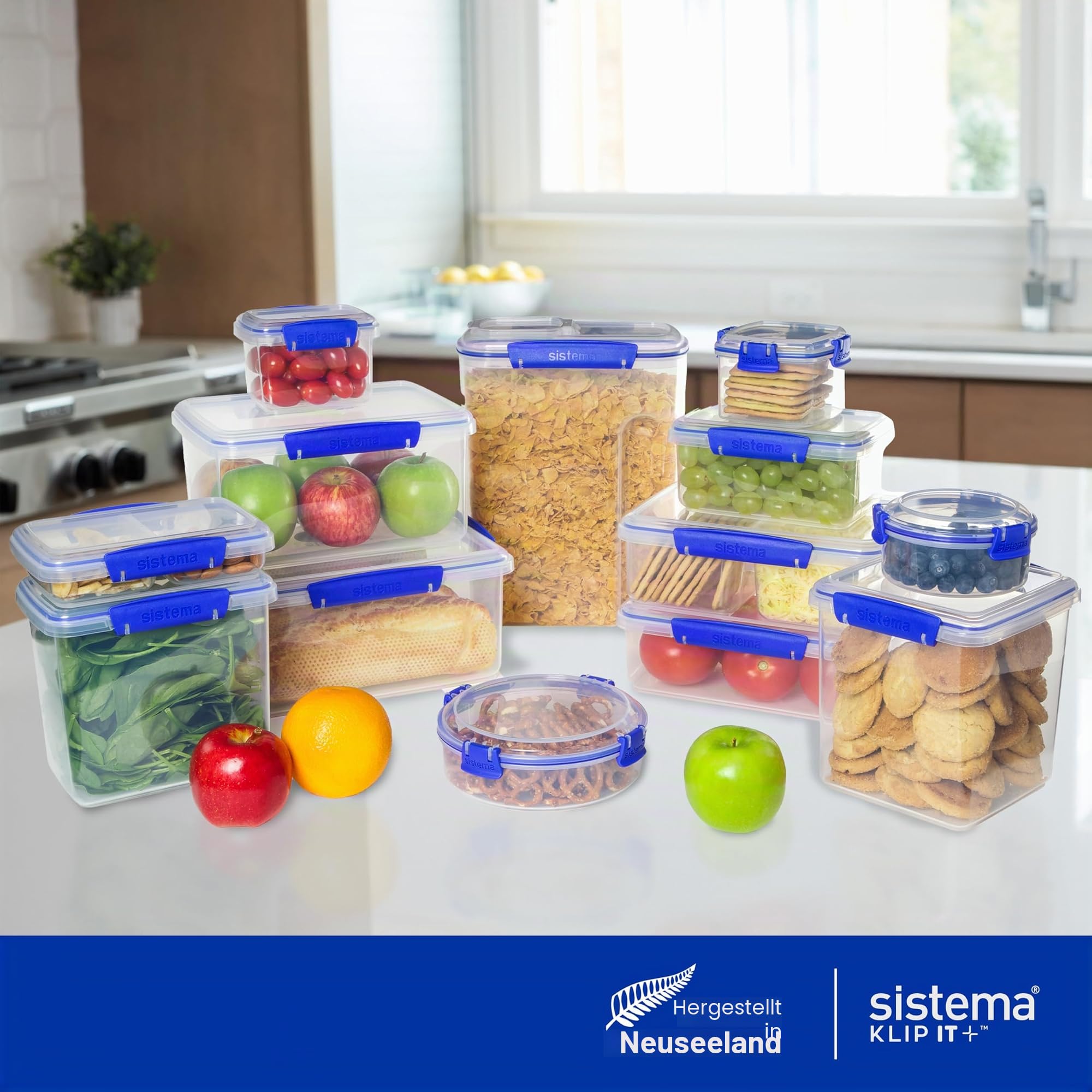 Sistema KLIP IT Frischhaltedose | 9,67 l | stapelbare und luftdichte Vorratsdose mit Deckel, geeignet für Kühl-/Gefrierschrank | BPA-freier Kunststoff | blaue Clips | 1 Stück (Packung mit 4)
