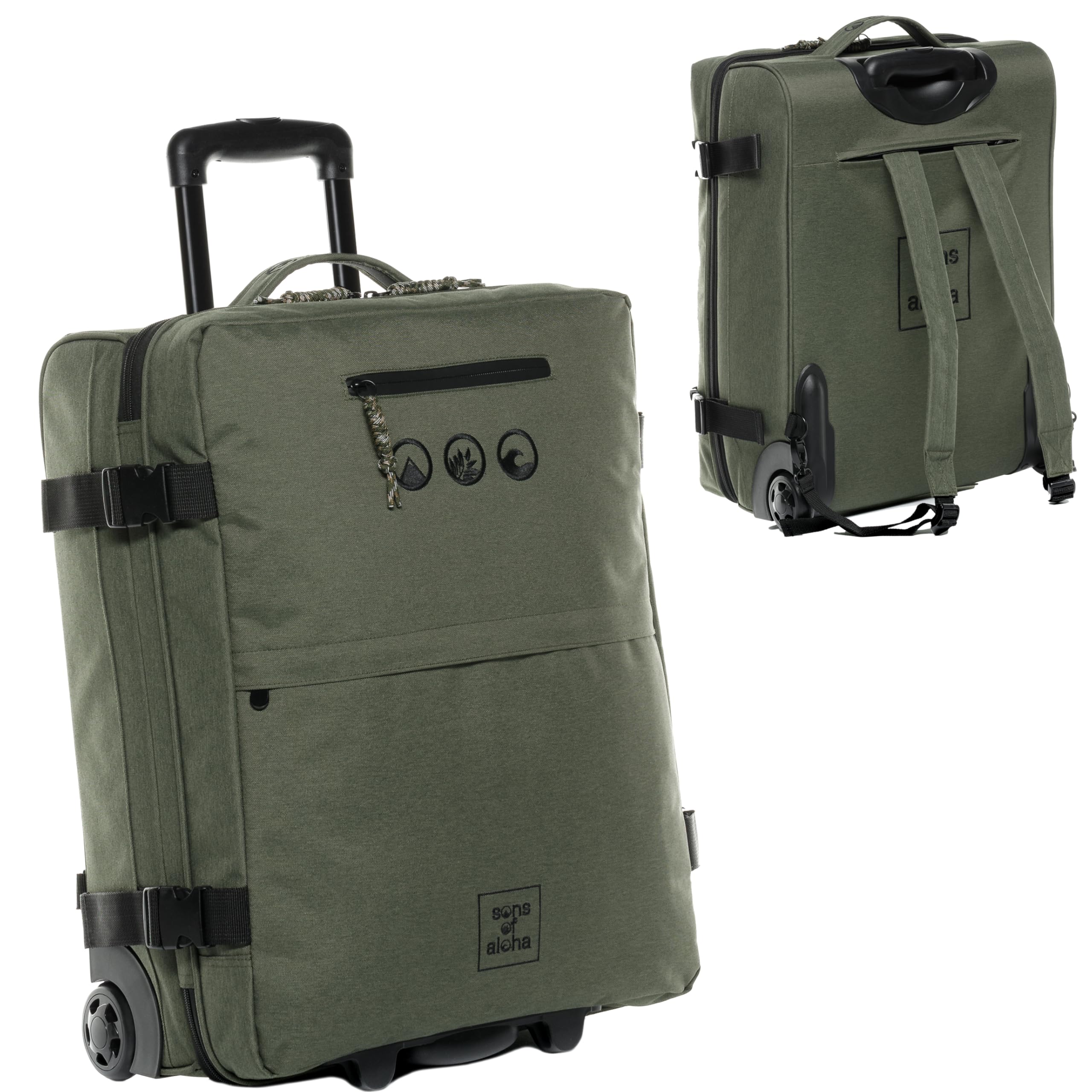 SONS OF ALOHA Backpacker Rucksack mit Rollen 3 in 1 - Handgepäck Koffer Kane Hybrid Backpack-Boardgepäck mit Rollen, 55 x 40 x 20 cm - wasserabweisend recyceltes PET, grün-Olive