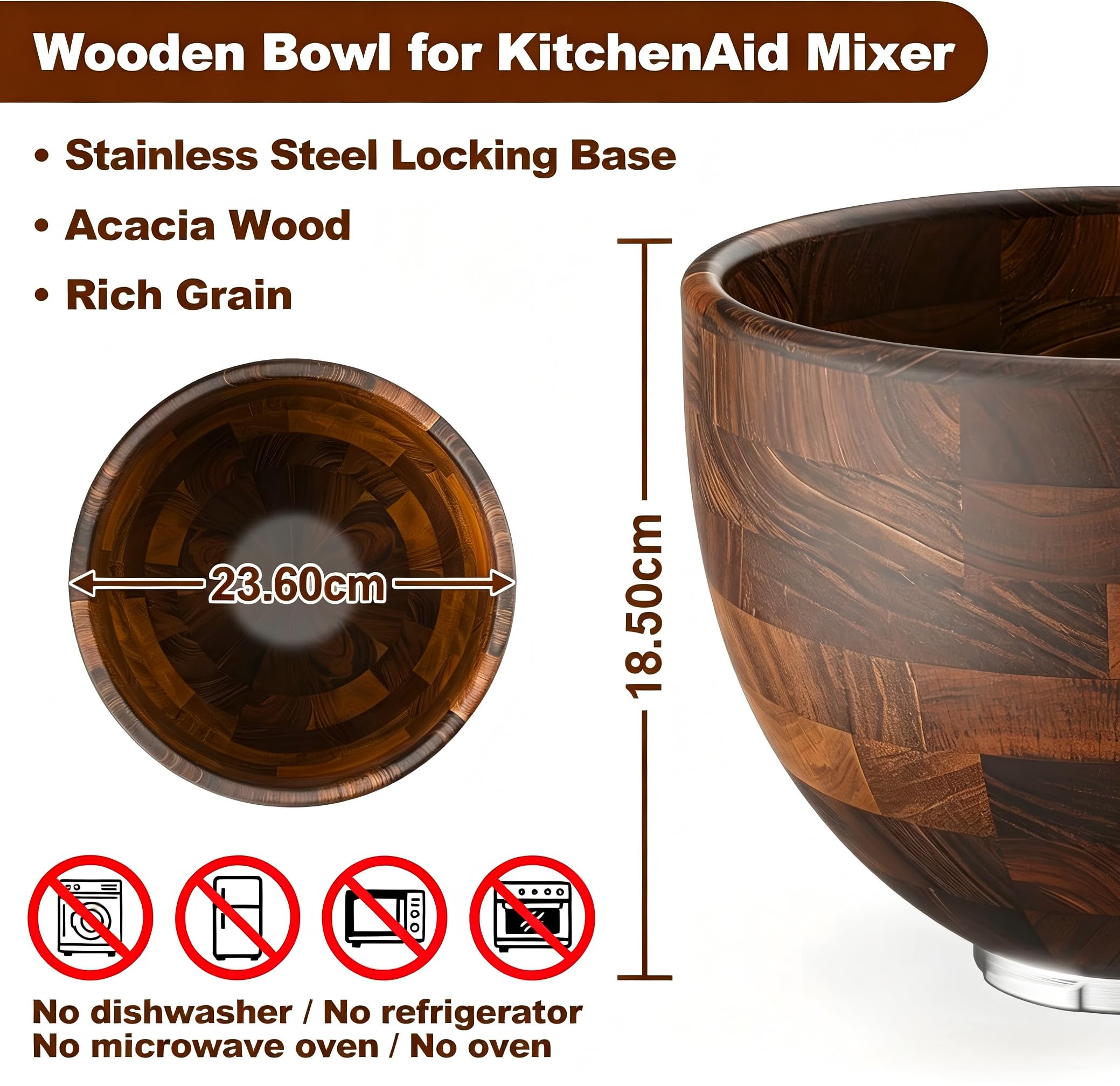 Cofun Ciotola in Legno Premium per KitchenAid, Contenitore 4.8L per Planetarie a Testa Inclinabile 4.3L, 4.7L/4.8L, Ciotola Naturale in Acacia con Base in Acciaio Inox, Accessorio per KitchenAid