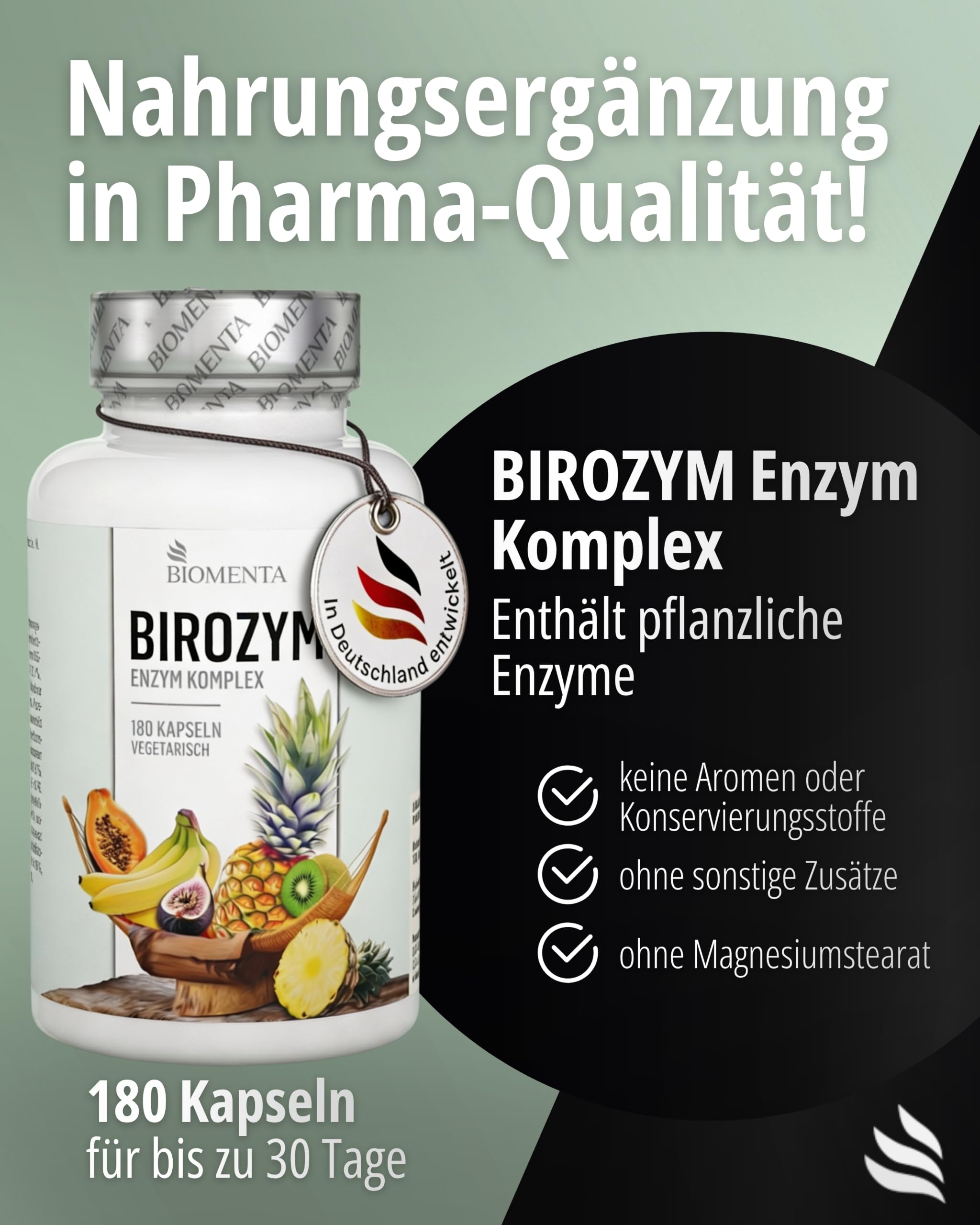 BIOMENTA BIROZYM Enzym Komplex I 180 Kapseln mit 2650 mg reinen Enzymen pro Einheit I 13er Multi Frucht Enzyme mit Bromelain & Papain I Vegetarische Premium Nahrungsergänzungsmittel I Ohne Zusätze