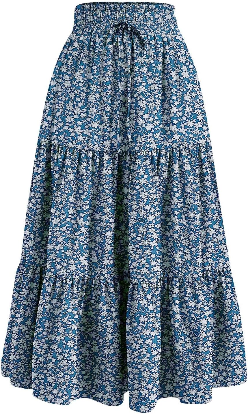 Floral Maxi Skirt for Women Summer Comfy Tiered Elastic High Waisted Skirts Vacation A-Line Flowy Swing Long Skirts