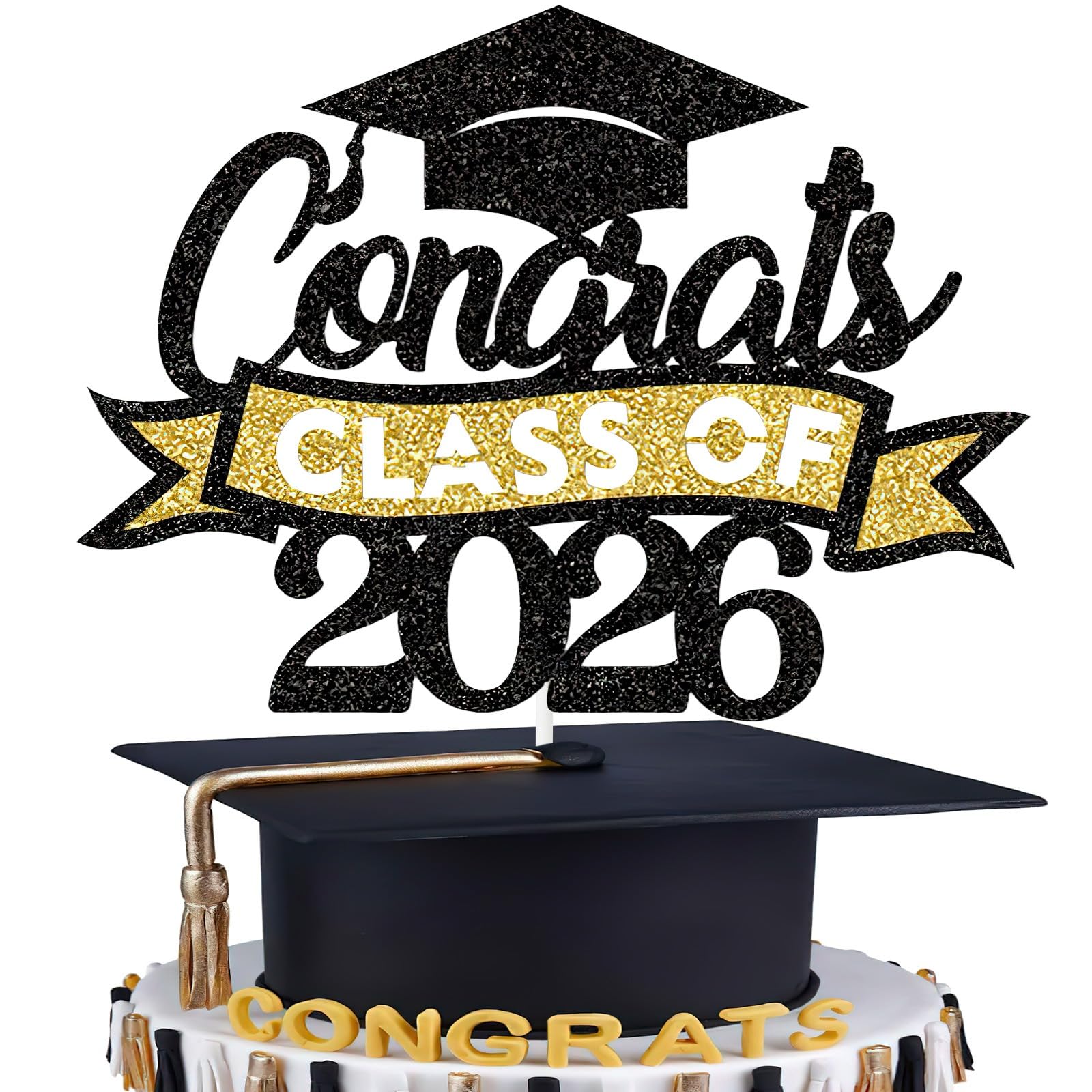 DTOFOOT Graduation Cake Topper Class of 2026, Gold and Black Congrats Grad Cake Topper Glitter Graduation Cake Decorations 2026 Graduation Party Supplies for High School College Graduate Party
