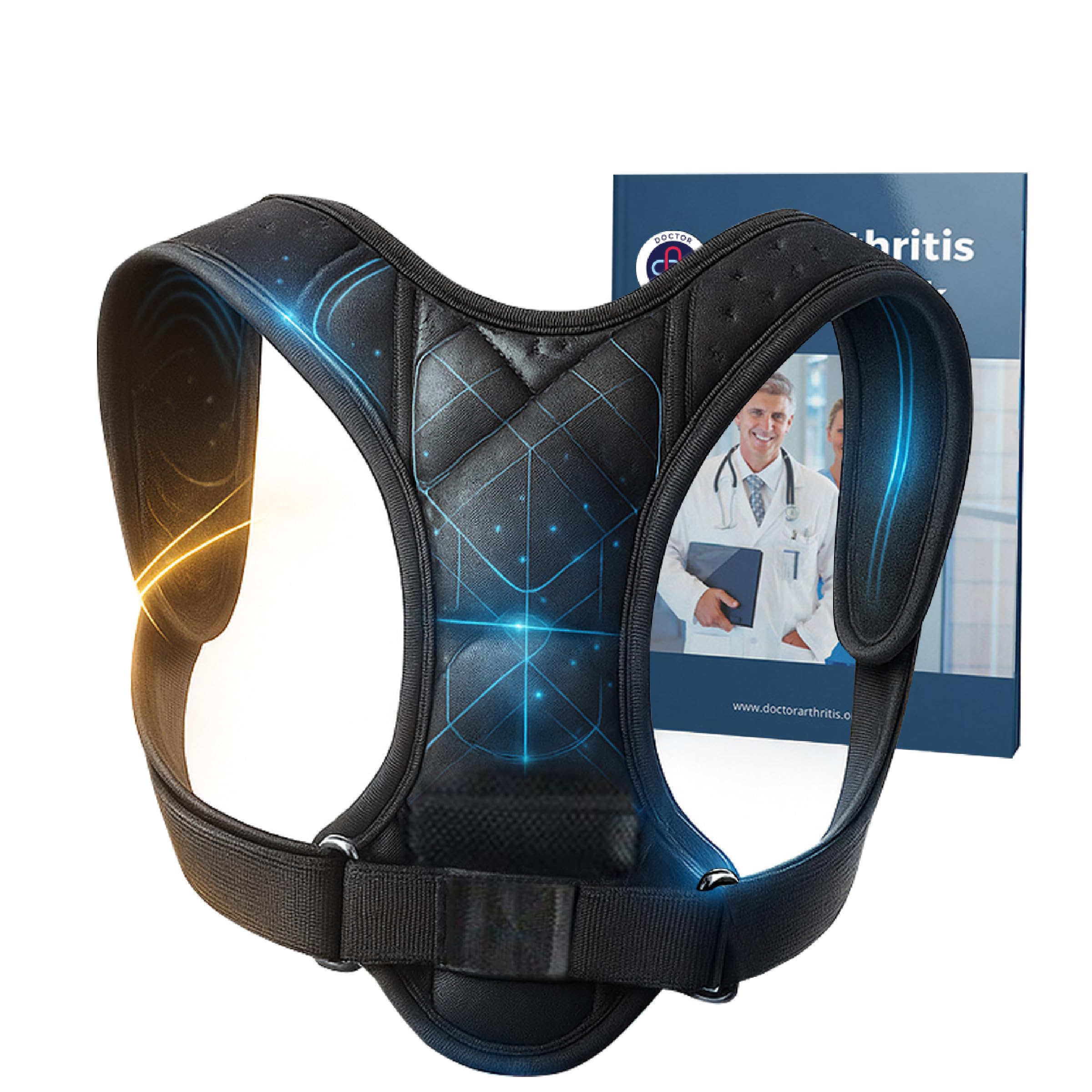 Dr. Arthritis Doctor Developed Posture Support/Posture Correct/Stabilizer/Back Brace & Handbook - Fully Adjustable for Upper & Lower Back Pain. Suitable for Men & Women (Black, S)