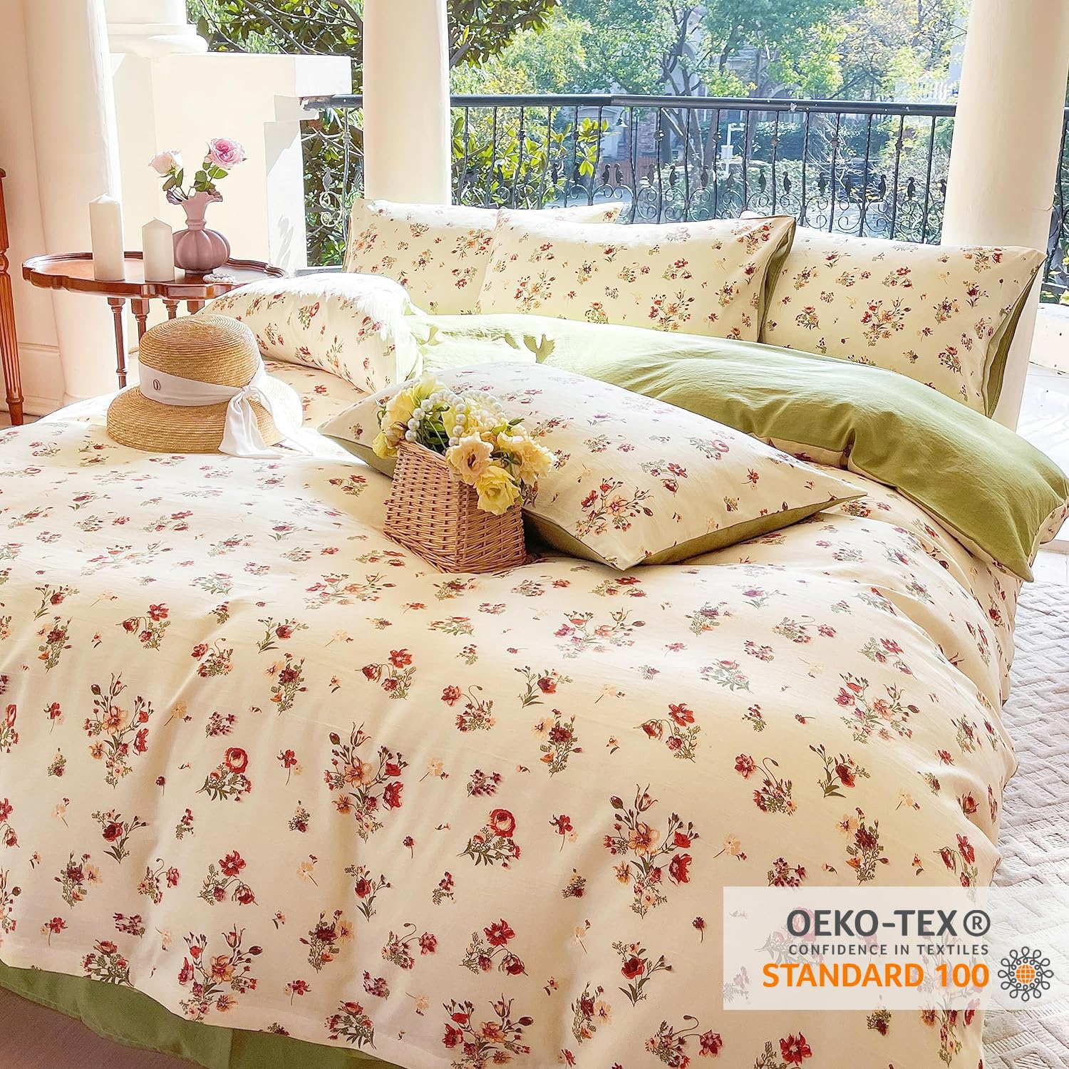 Lanqinglv Duvet Cover Set Single Green Beige Floral Leaves Leaf Botanical Reversible Bedding Set Single Bed Soft Quilt Cover 135x200cm with Zipper Closure and 1 Pillowcase 50x75cm - Image 3