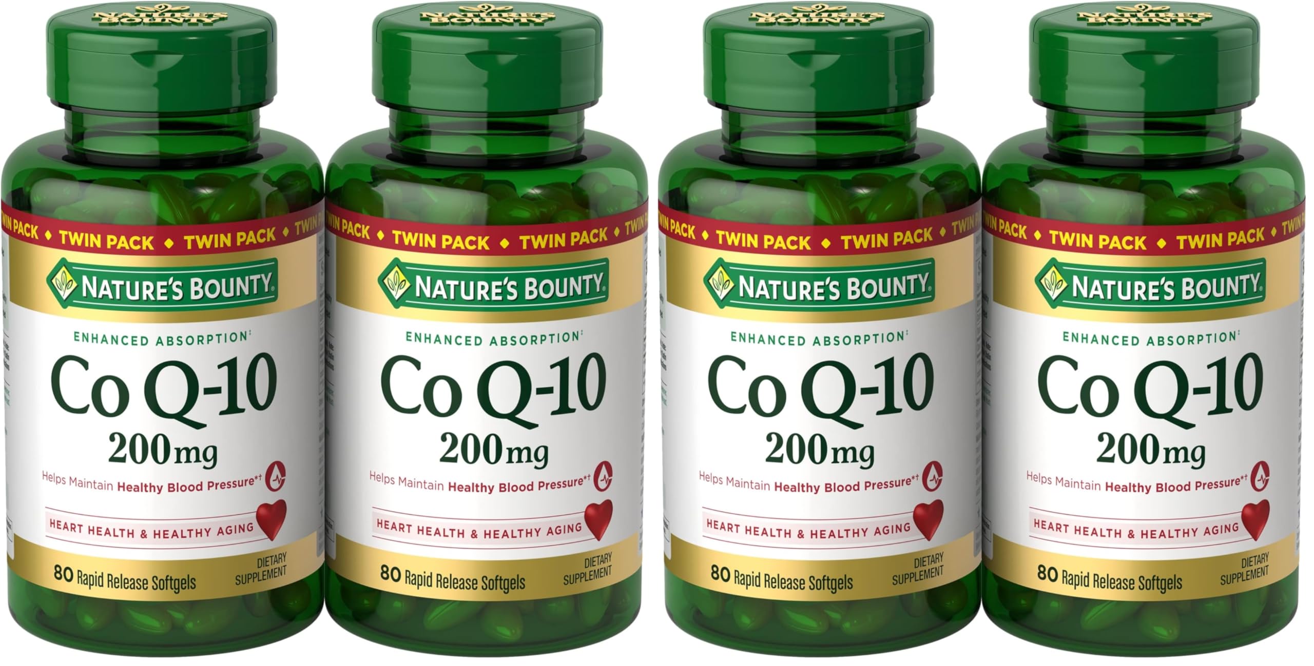Nature's Bounty CoQ10 200 mg Softgels, Heart Health & Cellular Energy Support, 160 Rapid Release Softgels (Pack of 4) 80 Count (Pack of 4)