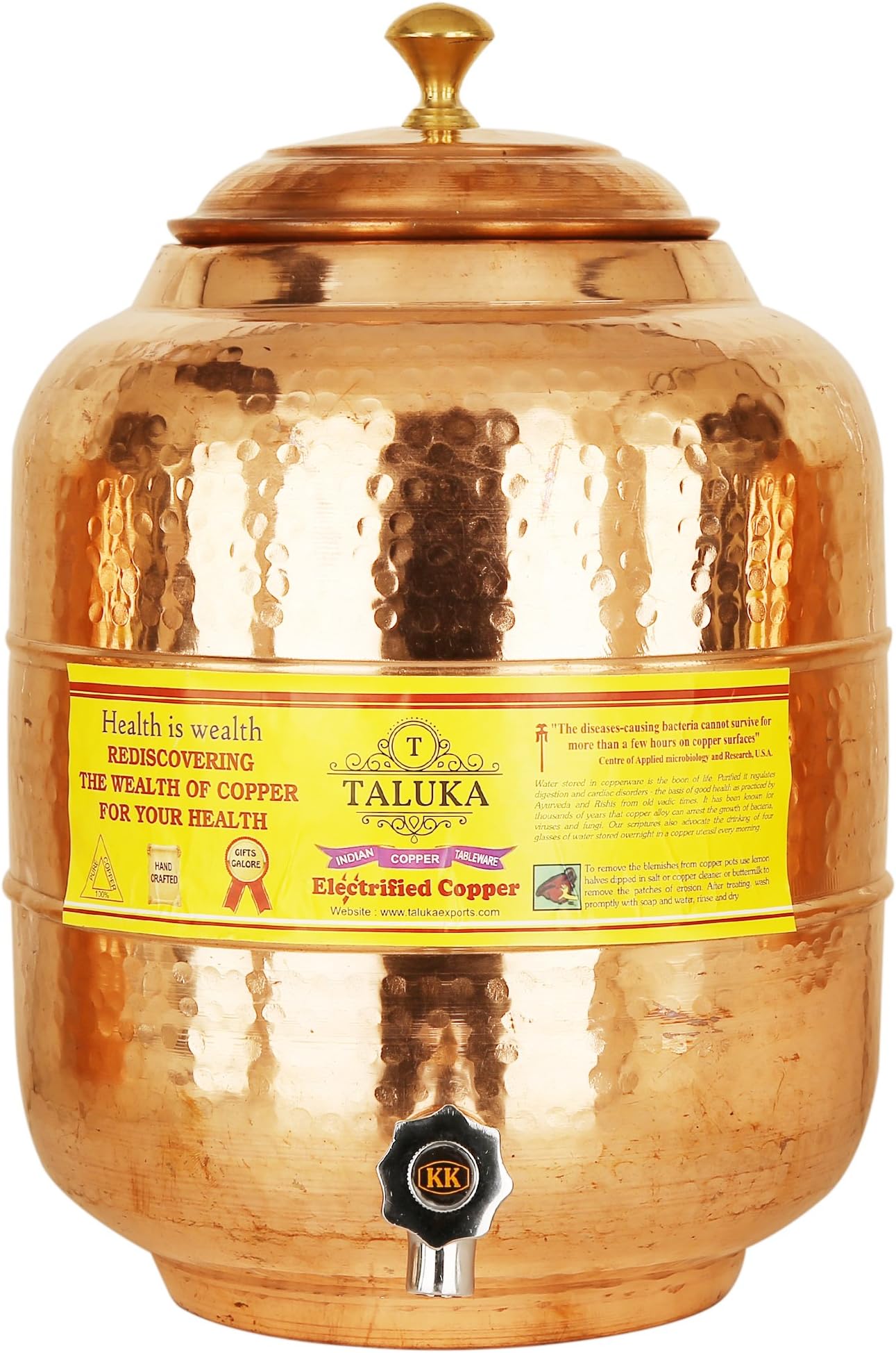 Taluka 15 X 6"Inches Handmade Hammered Pure Copper Water Pot Tank with Tap | 16 Liter Capcity | for Water Storage in Home Garden Good Health Benefits Yoga