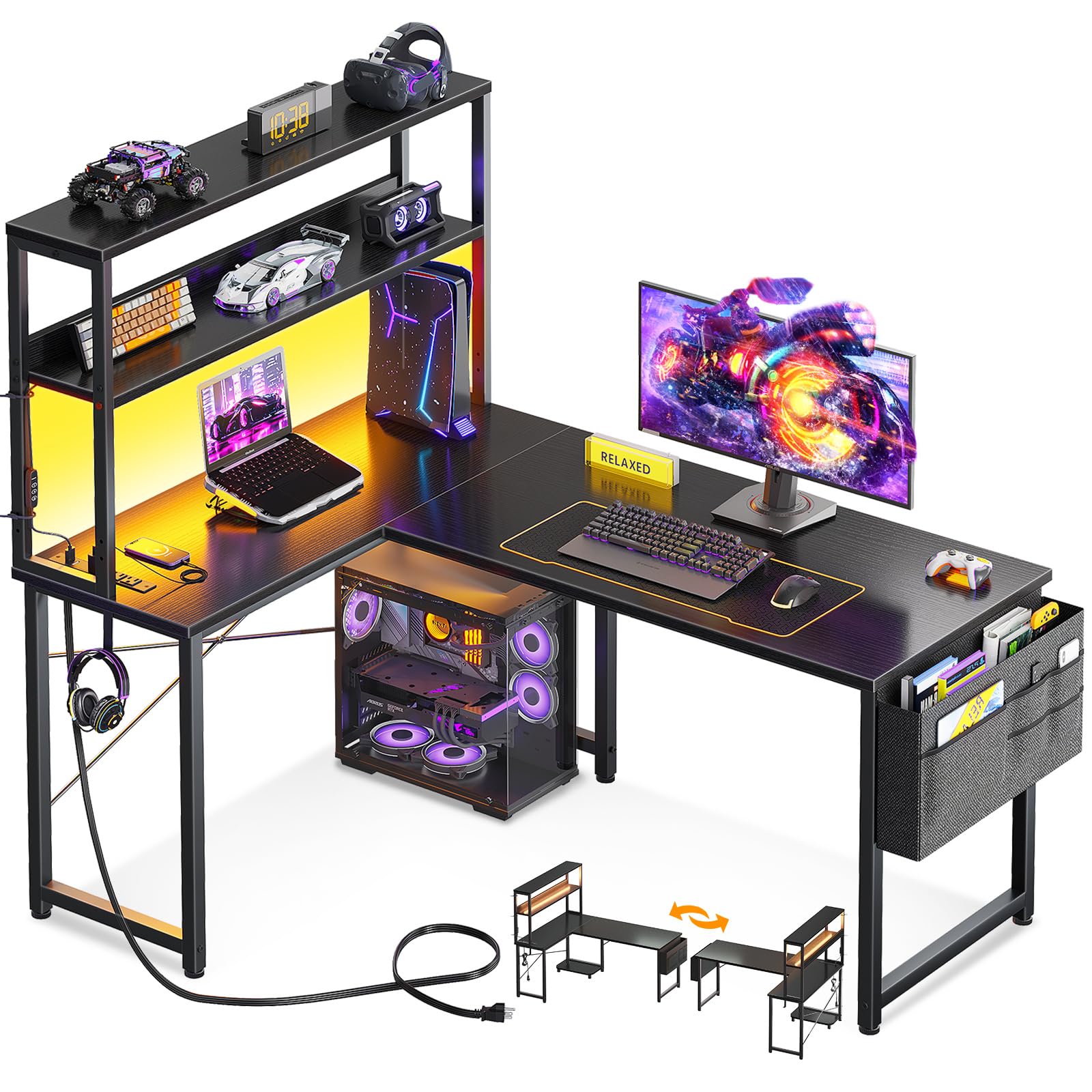 ODK 43 Inch L Shaped Desk with LED Lighting, Reversible Gaming Desk with Power Outlets, Cornor Computer Table with Storage Shelves & Bag & Iron Hook, Home Office Table for Writing, Study, Black