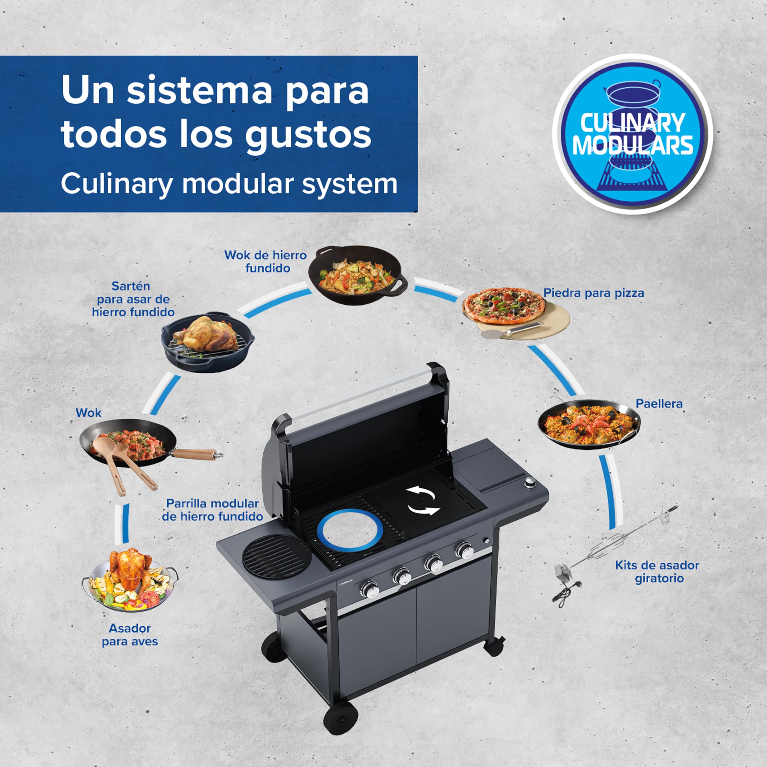 Campingaz 4 Series Classic LS Plus Barbacoa a gas, 4 quemadores de acero Inoxidable, 12.8kW, Sistema de limpieza InstaClean, 4 Ruedas, Color Negro, Gris, 160 x 59.8 x 115.6 cm