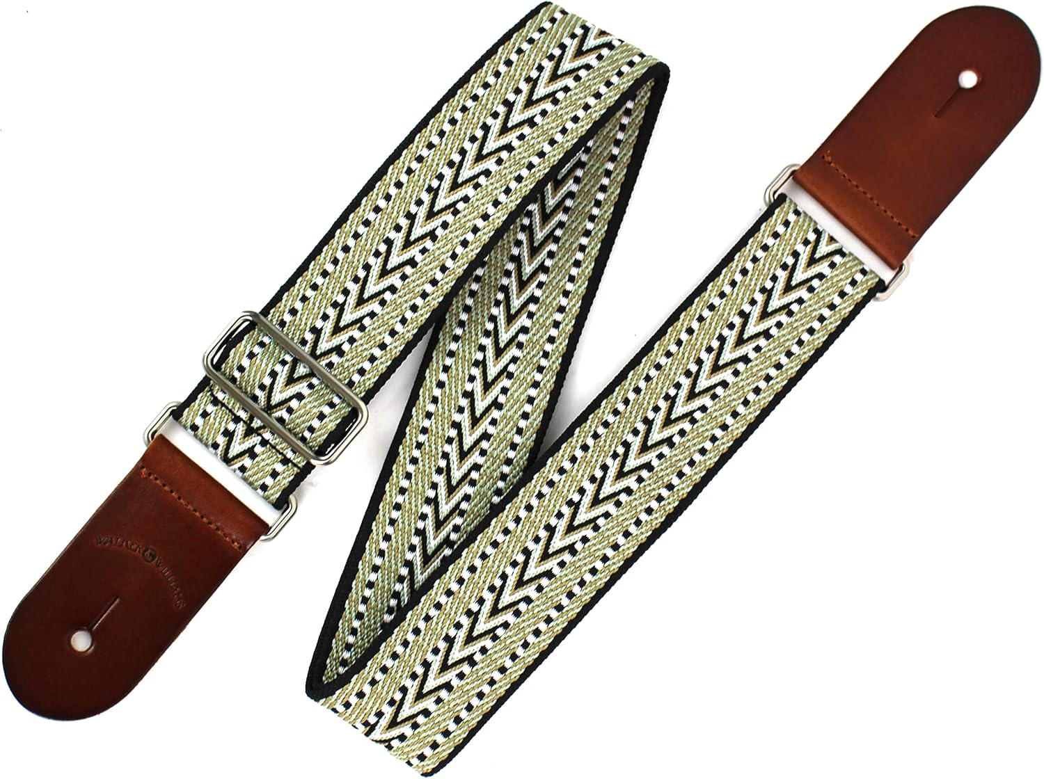 Walker And Williams H-33 Vintage Series Green, Gold, & Black Woven Guitar Strap With Thick Leather Ends For Acoustic, Electric, And Bass Guitars