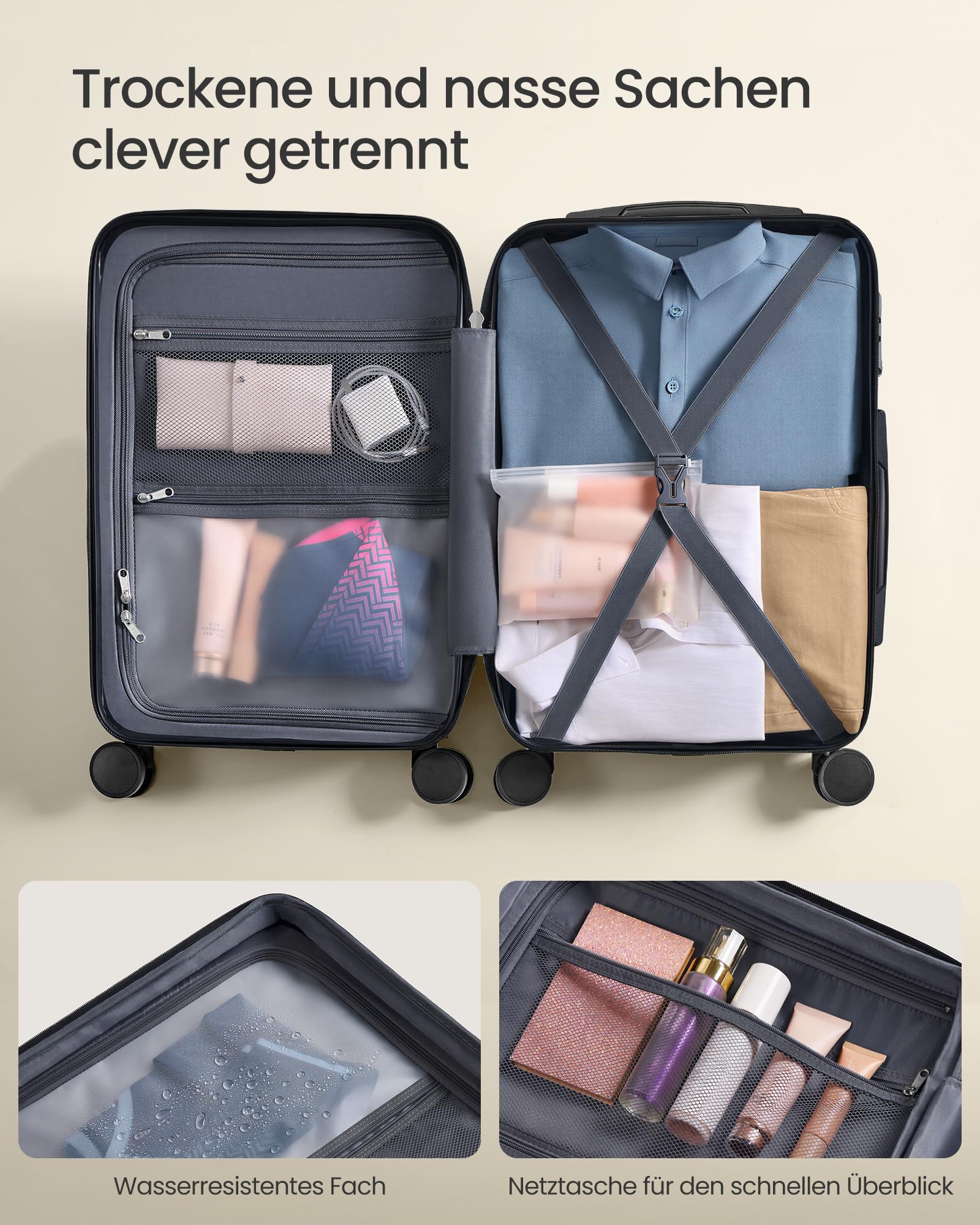SONGMICS Hartschalenkoffer mit TSA-Schloss, ABS-Trolley, 55 cm, Handgepäck, tintenschwarz