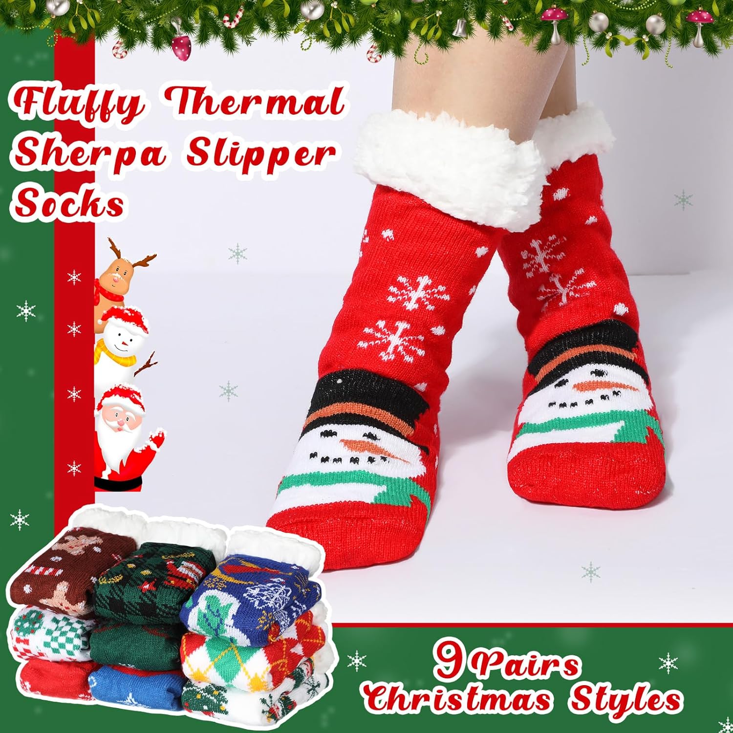 Suhine 9 Pairs Christmas Fuzzy Slipper Socks Winter Sherpa Fluffy Warm Fleece Lined Socks Non Skid Thermal Snowman Santa Socks for Women Home Xmas Gifts - Image 4