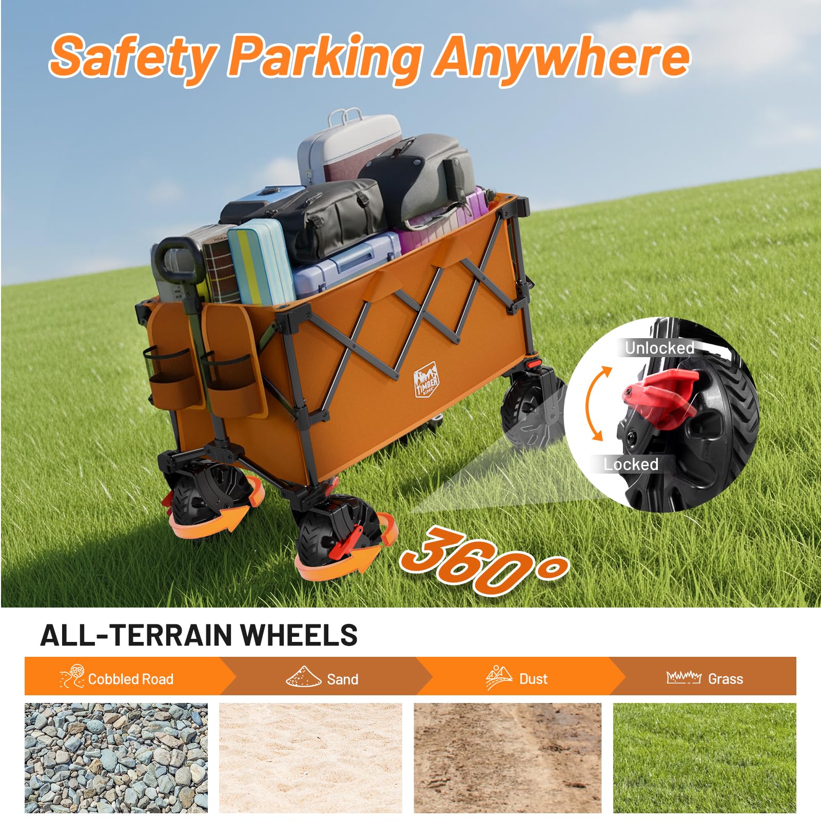 TIMBER RIDGE Zusammenklappbarer Outdoor-Wagen mit Bremsen und Getränkehaltern, 227 kg, strapazierfähig, für alle Geländeräder, Mehrzweckwagen für Einkaufen, Camping, Garten, Sport, Orange
