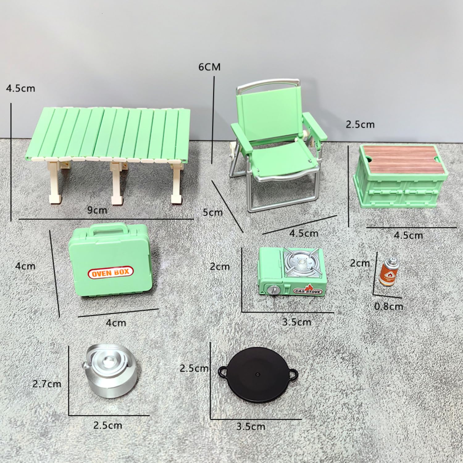 Set di 8 mini mobili da campeggio, in miniatura, set di mini tavoli da campeggio, sedie pieghevoli, fornello a gas, padella, contenitore per picnic, esterni, piccolo set da giardino