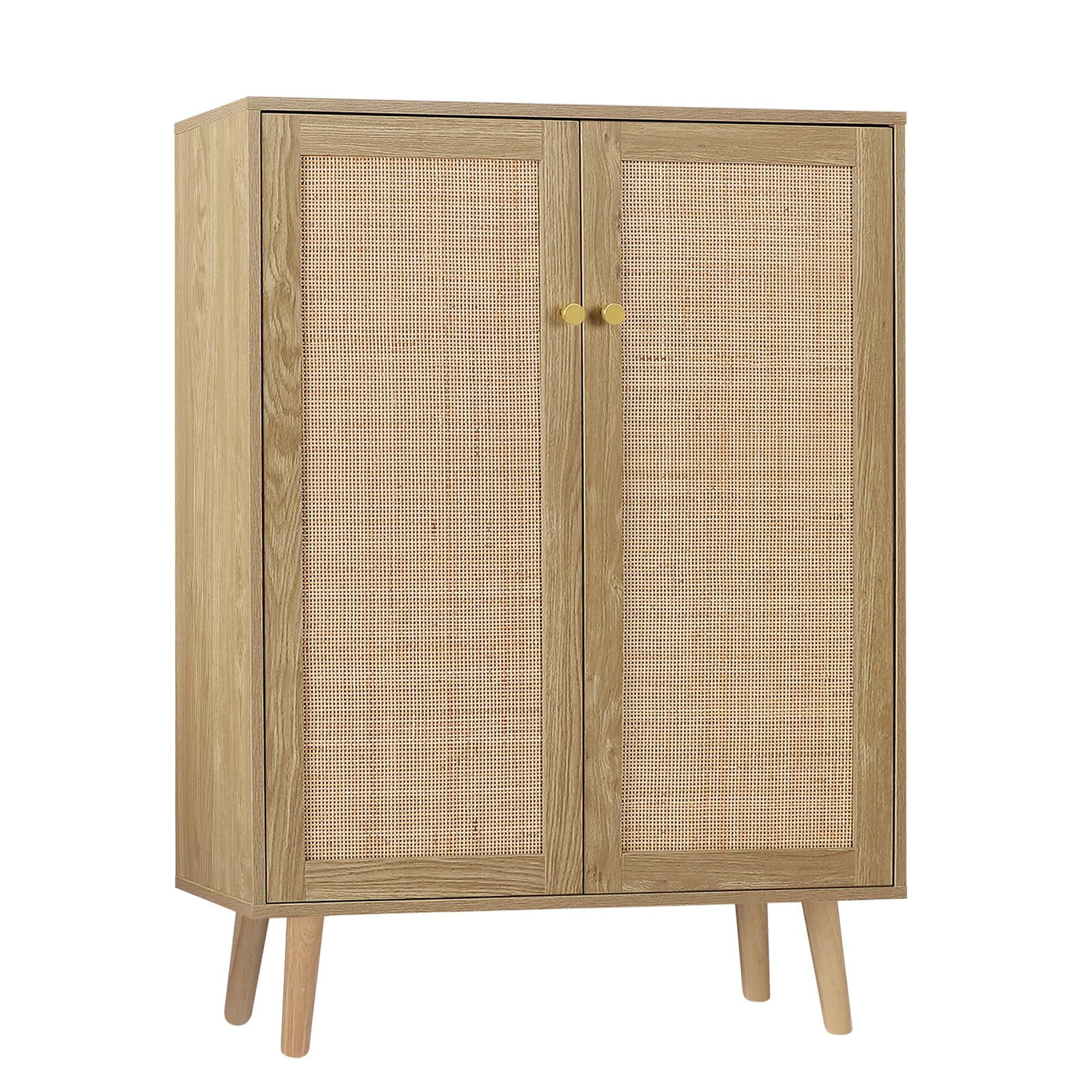 Skokliz Rattan Storage Cabinet with Doors, 44" H Tall Sideboard Storage with Adjustable Shelves, Entryway Shoe Cabinet Wood 2 Door Accent Kitchen Cupboard for Living Room