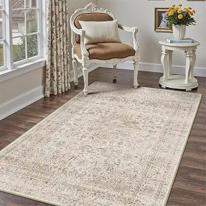 3x5 Washable Beige Vintage Area Rug for Entryway Non-Slip Low Pile Traditional Carpet Retro Distressed Soft Thin Door Mat Small Accent Throw Rug for Office Kitchen Bathroom Indoor Dorm