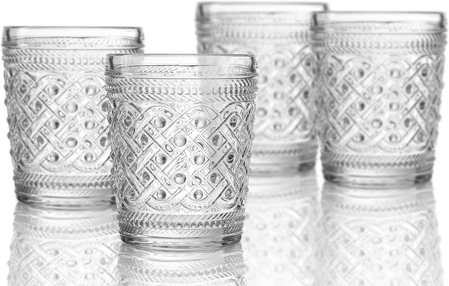 Elle Decor Bistro Ikat 4 Pc Set Old Fashion, Clear-Glass Elegant Barware and Drinkware, Dishwasher Safe, 9.8 Oz