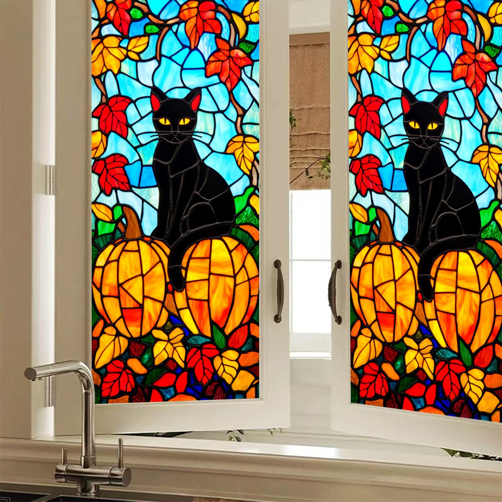 Hometitute Colorful#1 Stained Glass Window Film 17.7 X 39.3 Inch Black Cat Pumpkin Privacy Window Film Stained Decals Static Cling Halloween Fall Decor For Home Windows Doors Glass Partitions 17.7X39.3 Inch