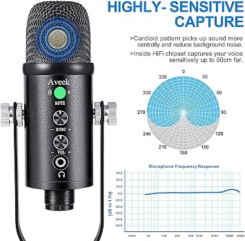 Aveek USB Microphone Kit, Metal Podcast Mic for PC Android Phone MacOS PS4&5, with Noise Cancelling/Echo/Quick Mute/Monitoring, Condenser Microphone with boom Arm for Gaming,Recording,Streaming,ASMR