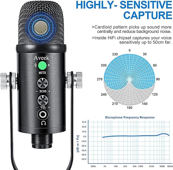 Aveek USB Microphone Kit, Metal Podcast Mic for PC Android Phone MacOS PS4&5, with Noise Cancelling/Echo/Quick Mute/Monitoring, Condenser Microphone with boom Arm for Gaming,Recording,Streaming,ASMR