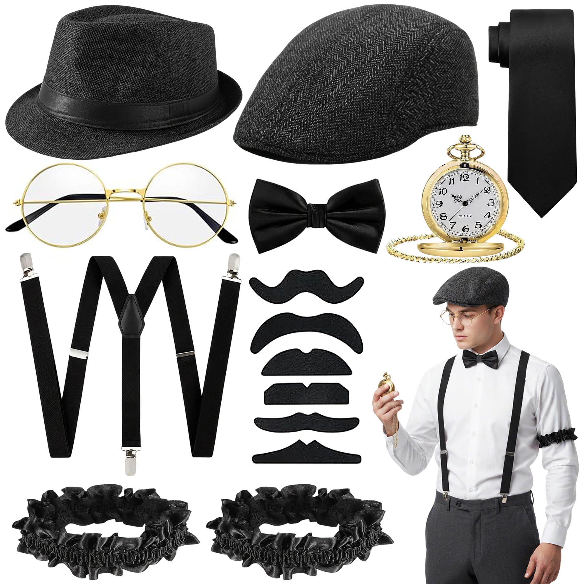Fictoria Men's 1920s Gangster Costume Accessories Set, 15 Pcs Gatsby Fancy Dress Kit with Fedora Hat Bow Tie Suspenders, Pocket Watch Stick On Mustaches, Roaring 20s Party Outfit for Adults