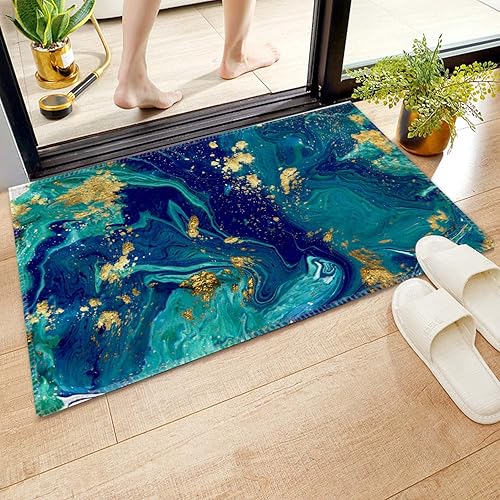 Alfombra de baño, antideslizante, mármol azul verde azulado, tapete de microfibra suave y absorbente, lavable a máquina, (24 x 16 pulgadas)