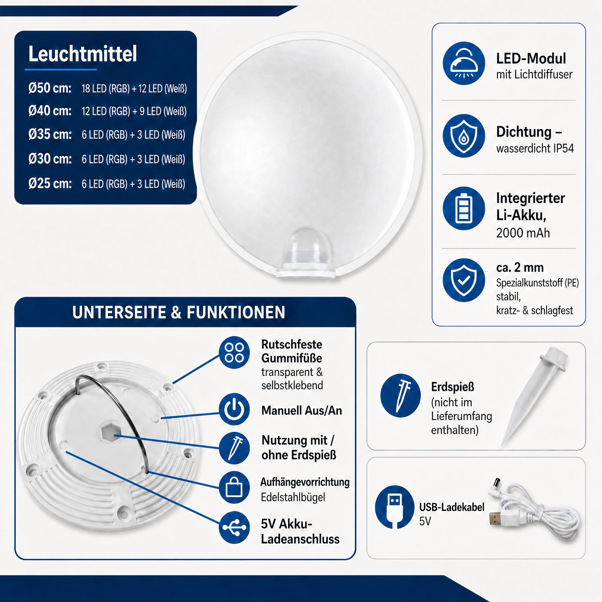 @tec LED Leuchtkugel für Garten & Terrasse, 25 cm Durchmesser, mit Fernbedienung für RGB Farbwechsel und Dimmung, mit Akku, IP54, hängend oder stehend, USB aufladbar, robuste PE-Hülle