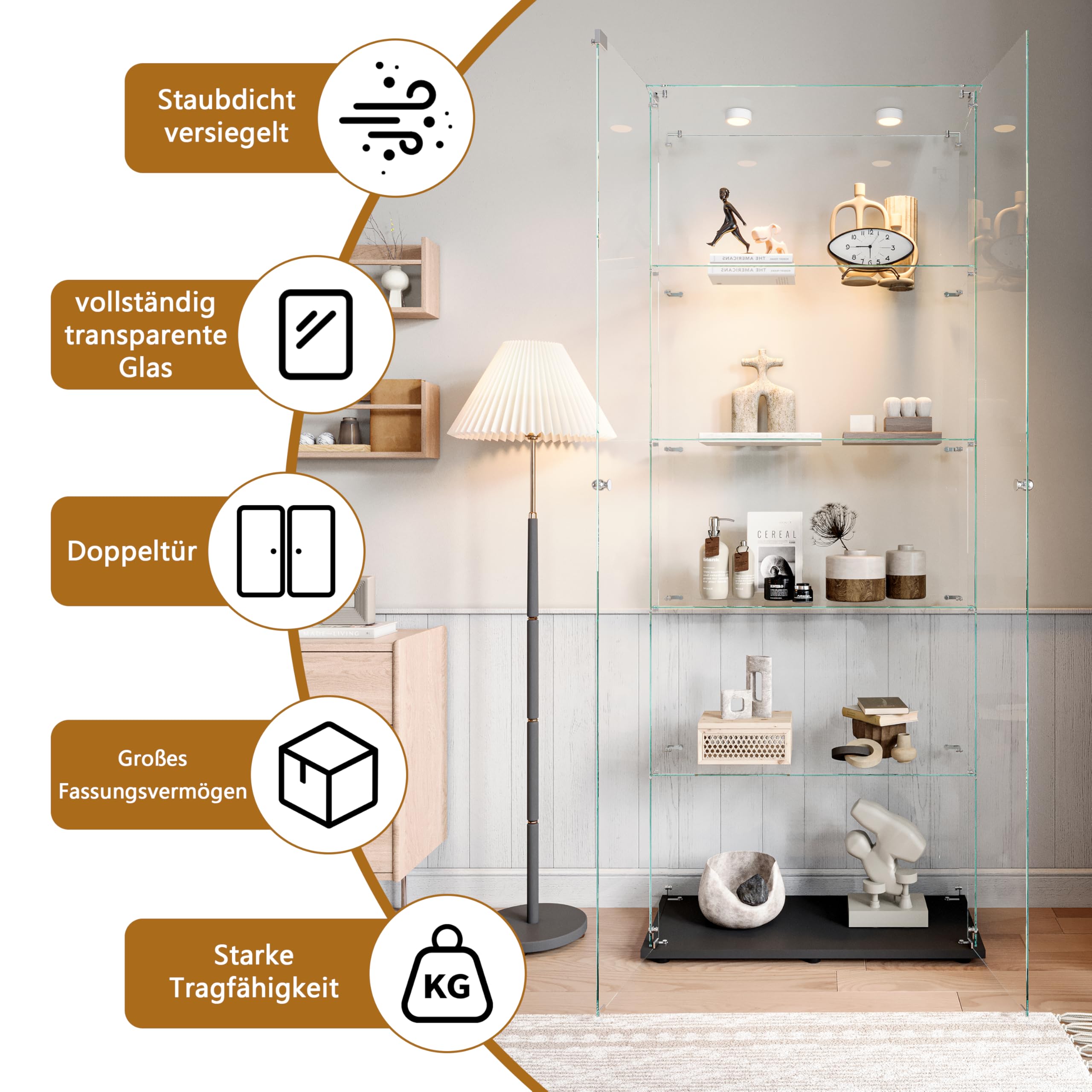 BRILVERDE Vitrina de cristal LED, mueble expositor de 5 estantes y puerta con cerradura, vitrina para colecciones, libros, modelos, botellas, salón y oficina (negro, 186 x 78 x 34 cm)