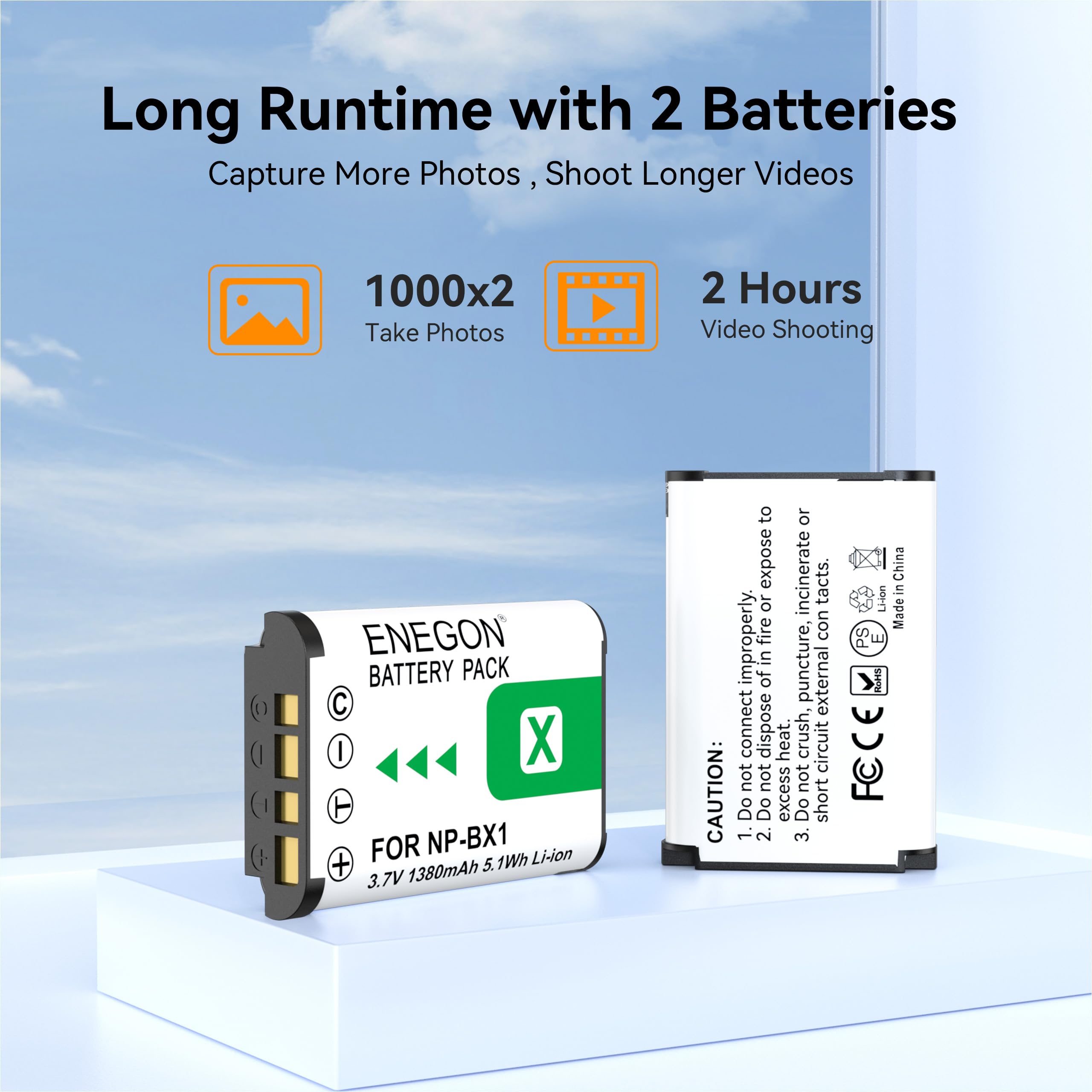 ENEGON NP-BX1 Akku (2 X 1380mAh) + LCD-aufbewahrendes Ladegerät (SD) für Sony NP-BX1 und ZV-1/ZV-1 II, DSC-RX100, DSC-RX100 VII/VI/V/IV/III/II/VA (M7-M2), HDR-CX405, FDR-X3000, HX300