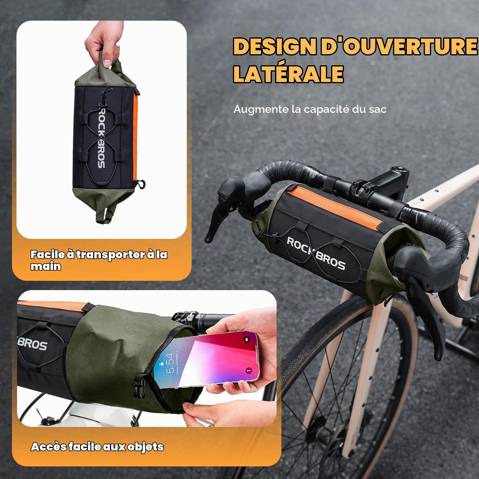 ROCKBROS Sac de Guidon Vélo Route 2,4L, Sac Avant de Vélo Bikepacking, Sac Handlebar Cintre avec Bandoulière Réfléchissant Universelle pour VTT, Route, Gravel, Noir Vert