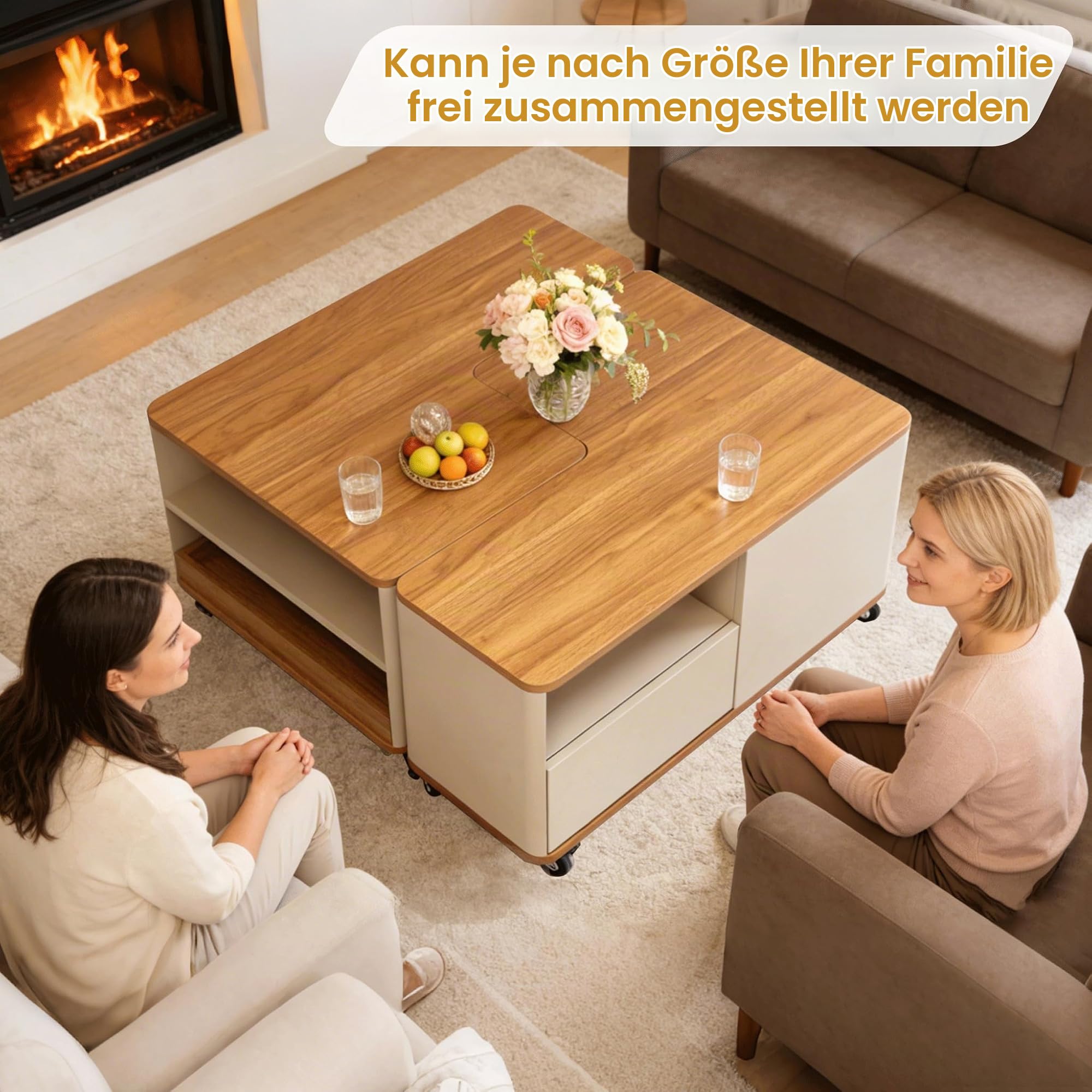 Modularer Couchtisch Holz mit 12 Rollen, Wohnzimmertisch 2er Set mit 2 Schubladen Stauraum & 2 Tabletts, Kaffeetisch Flexibler Kombinierbarer, Couchtische, Wohnzimmer Tisch für Couch (Braun)