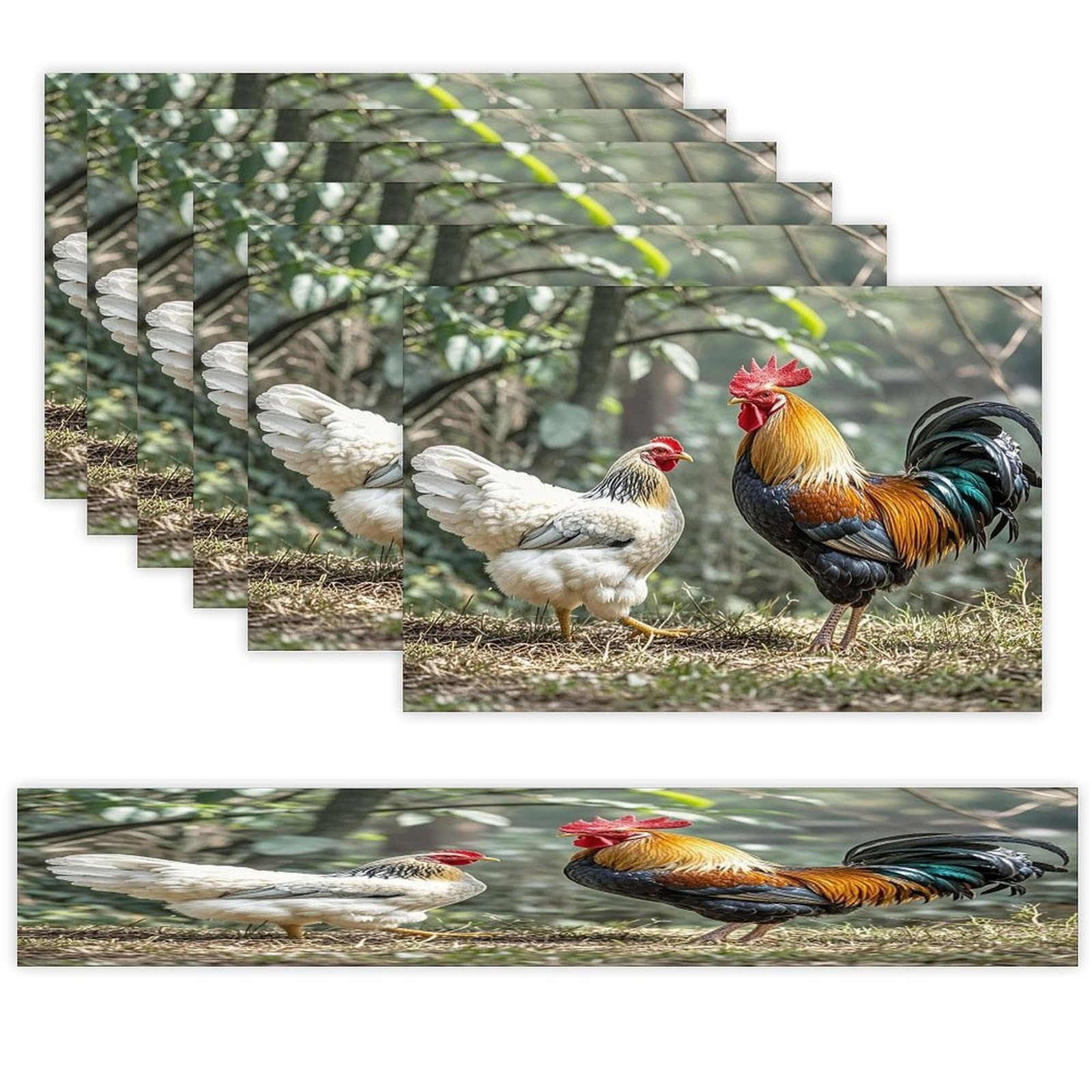 Rooster and Hen Placemats Set of 6 and Table Runner for Holiday Party Kitchen Dining Table Decor Farmhouse Style Washable Table Mat Set Heat Resistant Linen Place Mat Sets