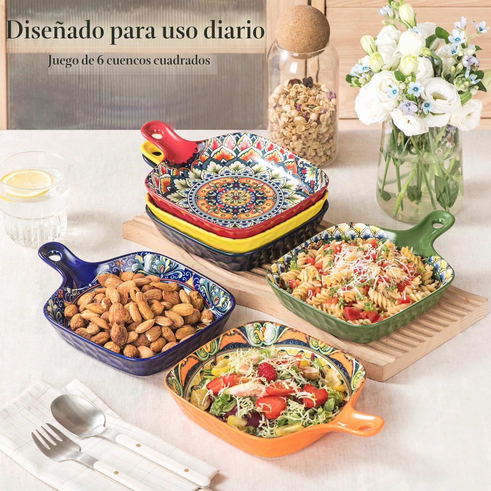 Henten Home Cuencos para Aperitivos y Salsas, Cuenco Cuadrado de 6 – 500 ml, Cuencos para Aperitivos, Postres – Estilo Bohemio, Apto para Lavavajillas y Microondas
