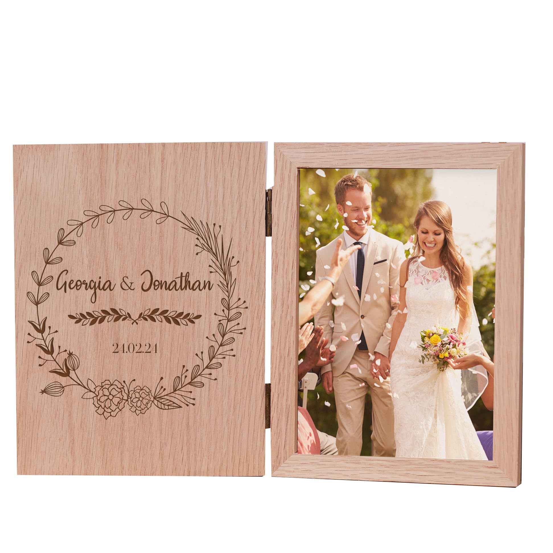 Personalised Wedding Day Book Photo Frame Solid Oak Wood Gift
