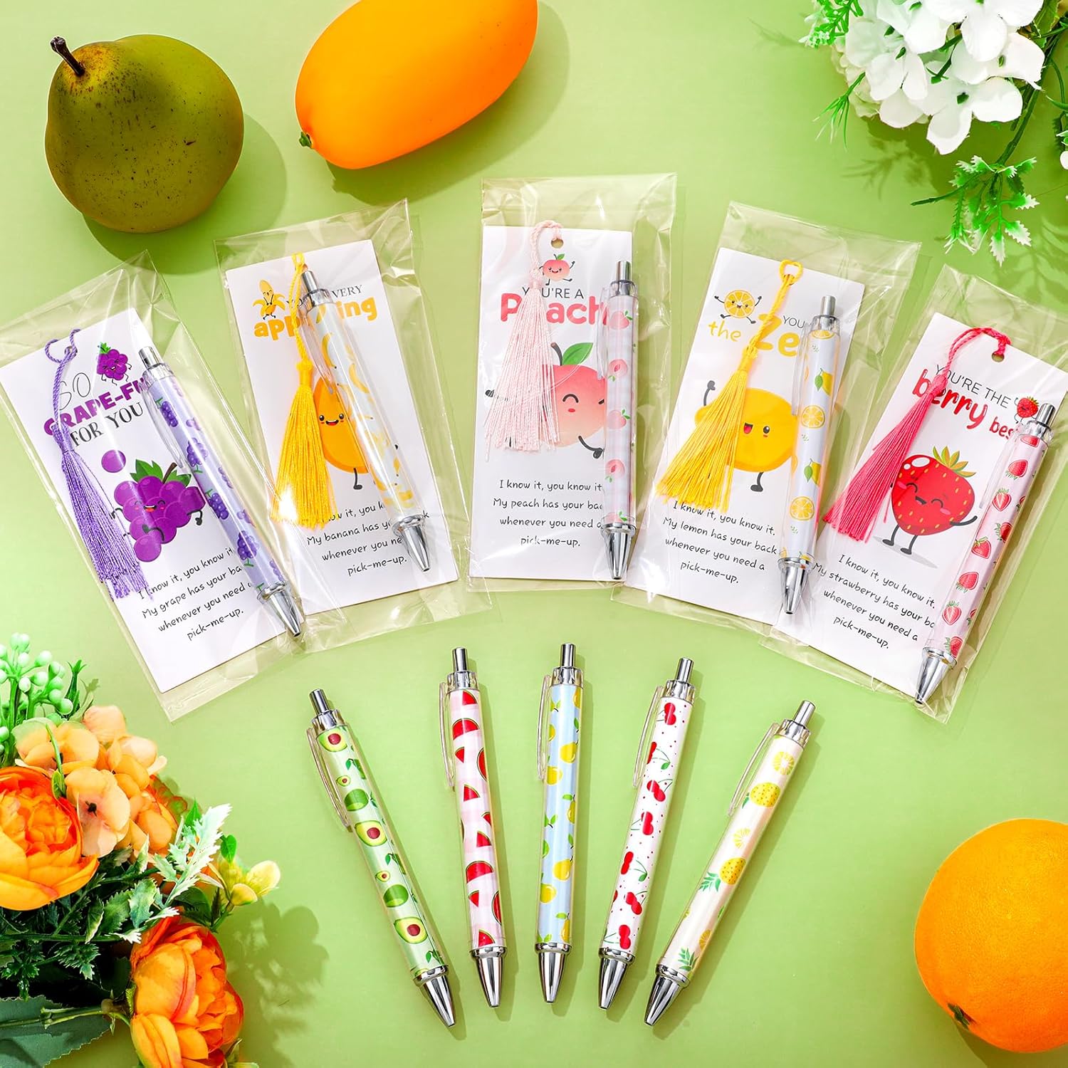 Yexiya 100 Set Employee Appreciation Gifts Bulk Funny Fruit Ballpoint Pens with Motivational Thank You Cards for Teacher Gifts Party Office Supplies Staff Valentines Funny Positive Gift(Fresh) - Image 4