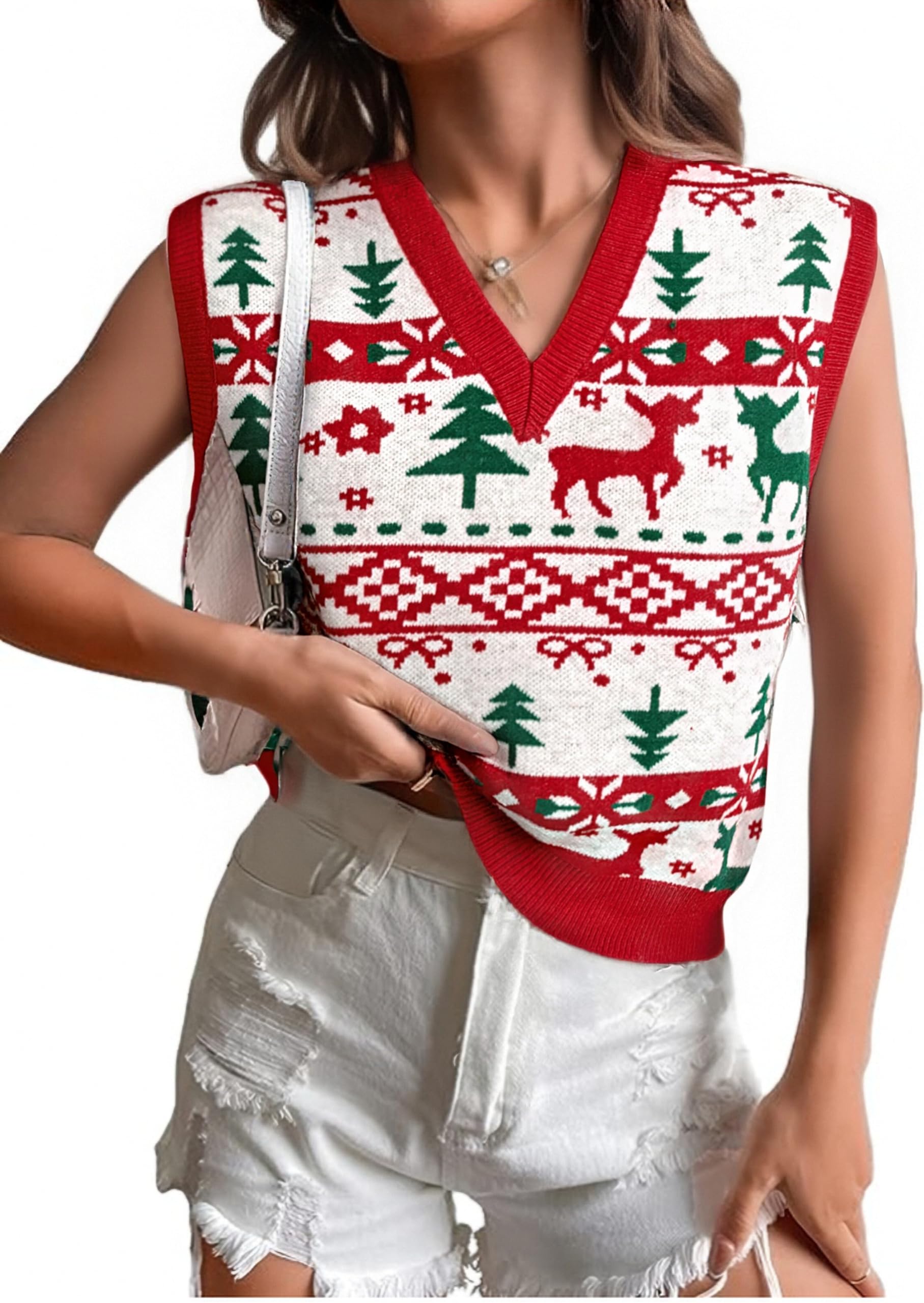 JULYCLO Christmas Sweater Vest Women Ugly Xmas Reindeer Knit Sweaters Casual Santa Snowflake V Neck Sleeveless Outwear Tops