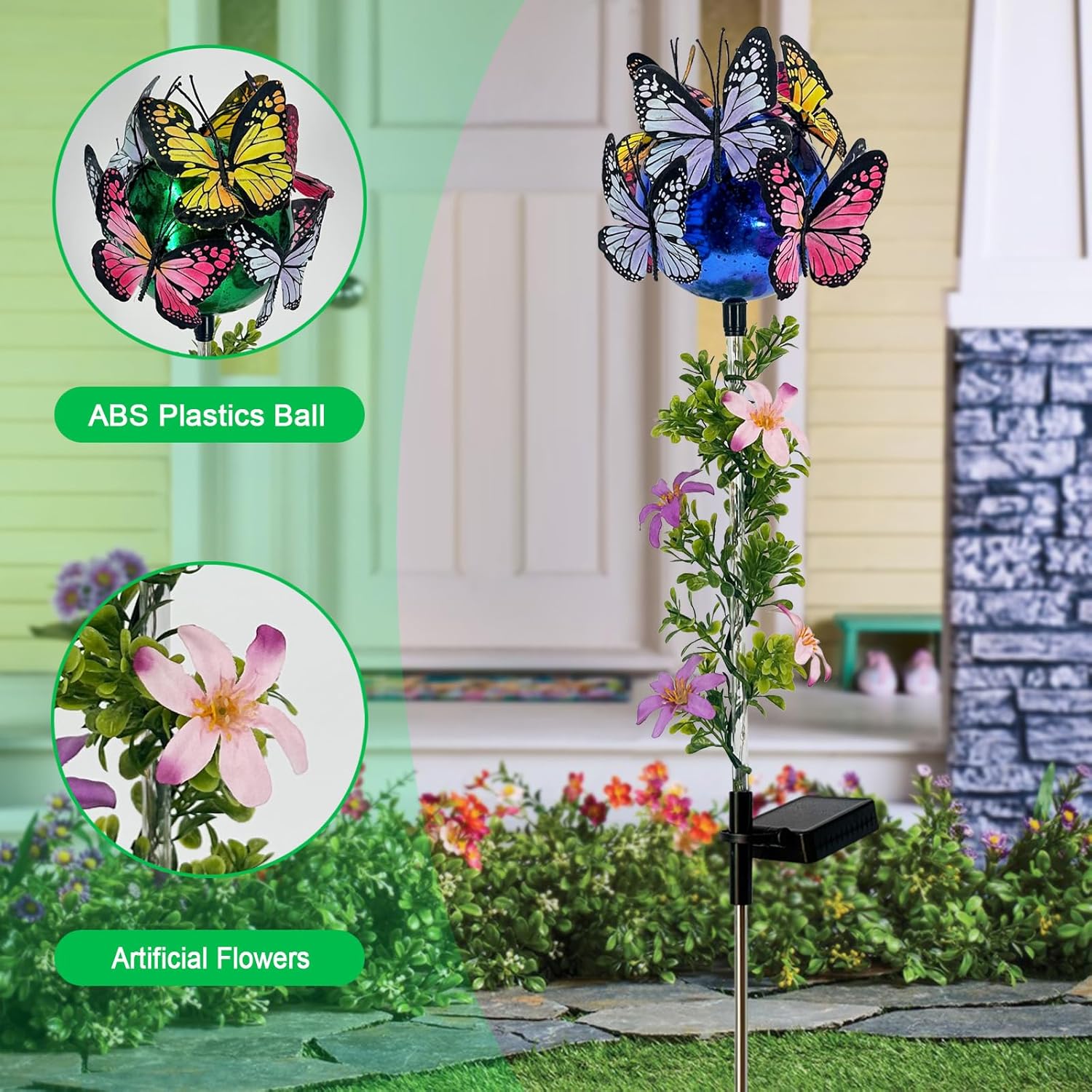 Solar Lights Outdoor Pathway,2 Pack Butterfly with Ball Garden Stakes,Colorful Twinkle Fairy Lights Decorations Outdoor for Yard,Lawn,Spring